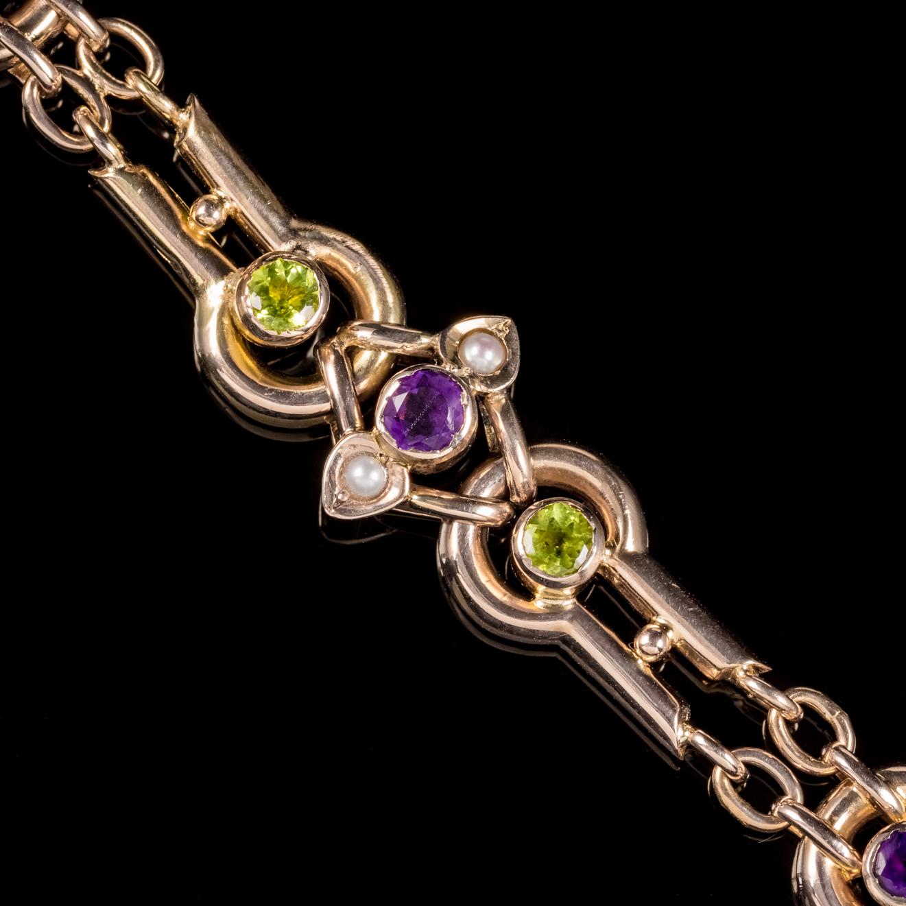 Women's Antique Victorian Suffragette Bracelet Peridot Amethyst Pearl 9 Carat Gold