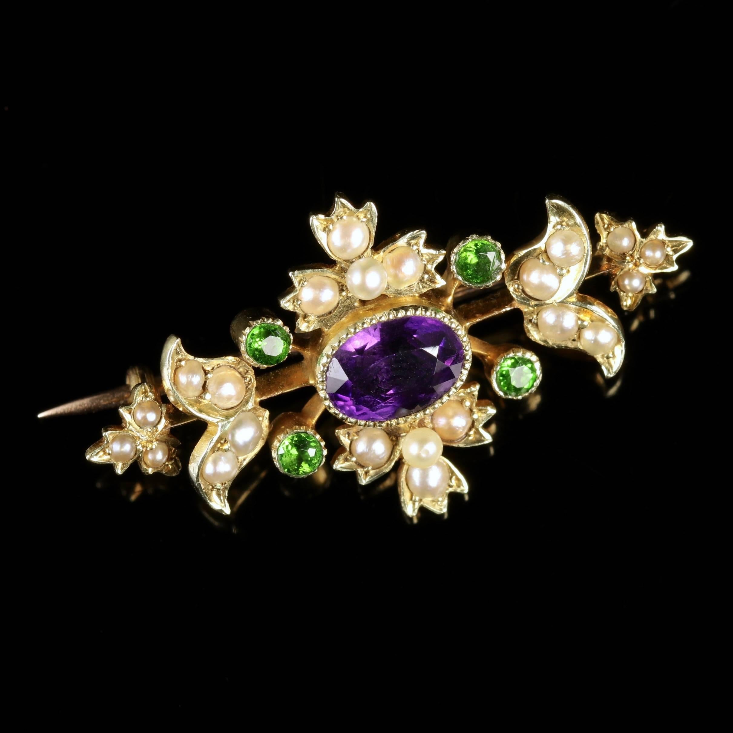 This lovely antique Victorian brooch was made representing the Suffragette movement, Circa 1900. 

Suffragettes liked to be depicted as feminine, their jewellery popularly consisted of Violet, Green and White colours which were chosen to counter the