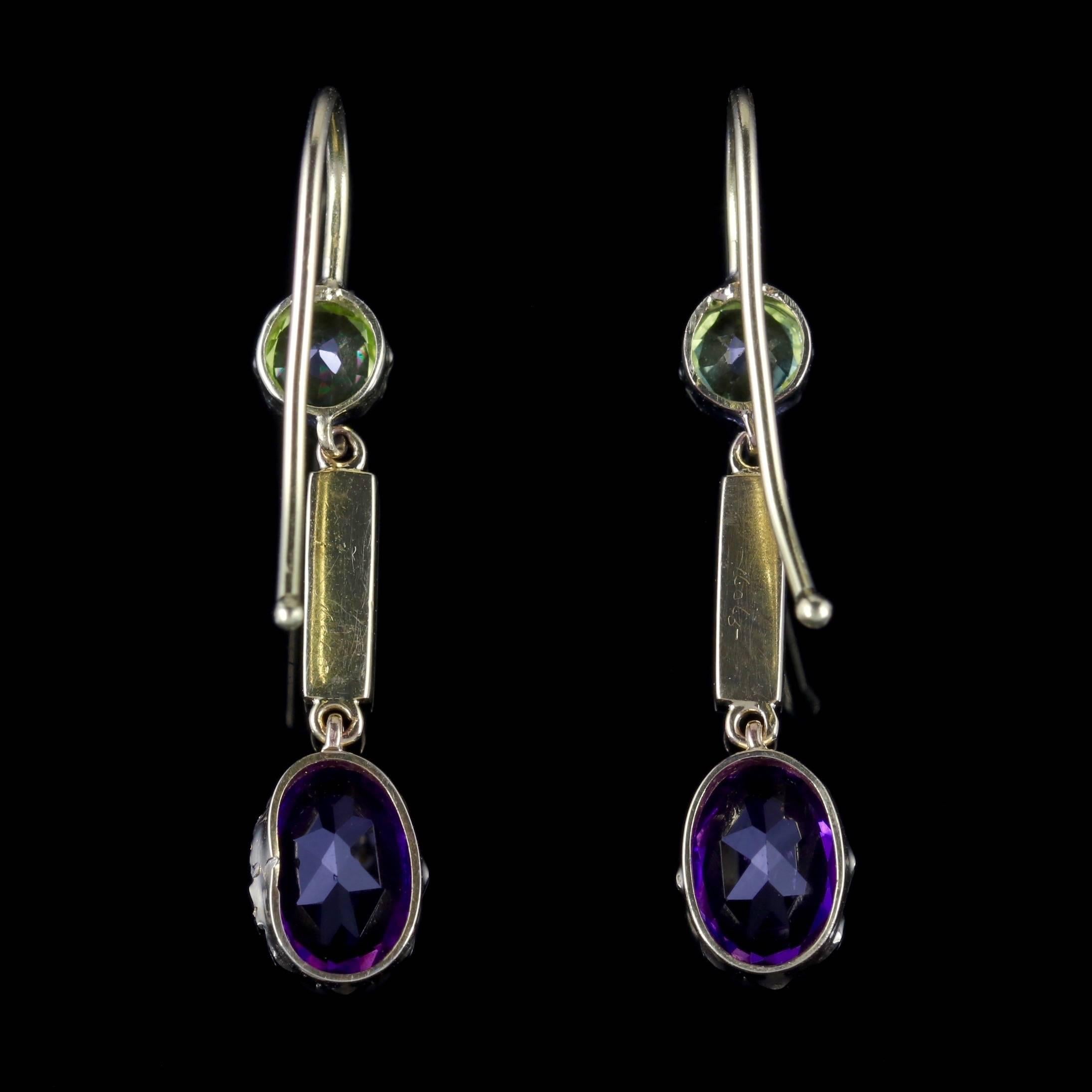 Antique Victorian Suffragette Earrings 15 Carat Gold Amethyst Peridot Pearls In Excellent Condition In Lancaster, Lancashire