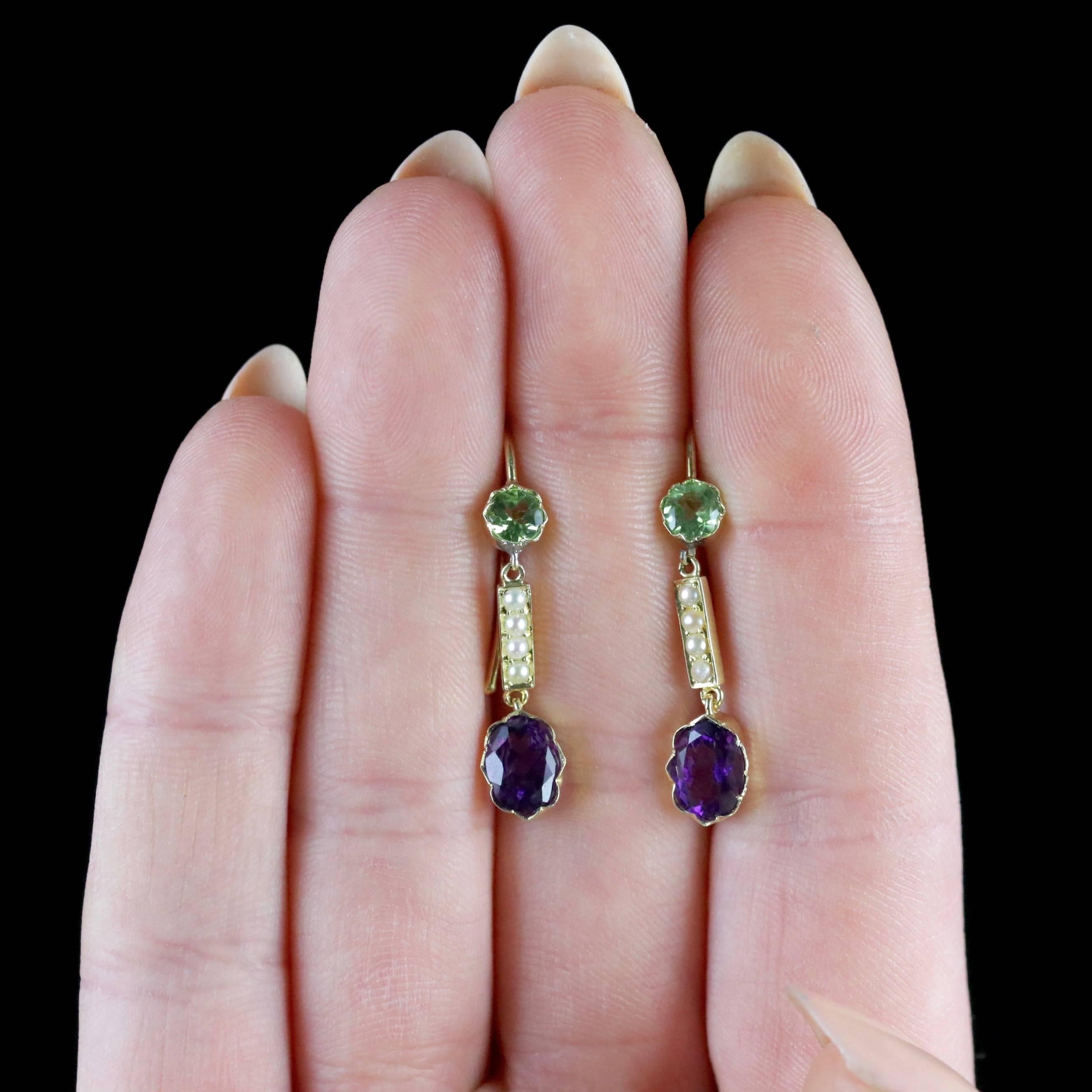 Antique Victorian Suffragette Earrings 15 Carat Gold Amethyst Peridot Pearls 2
