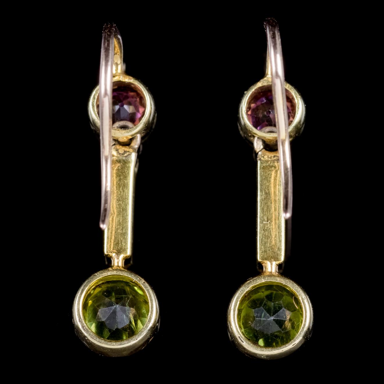 Antique Victorian Suffragette Earrings Peridot Amethyst Pearl 18 Carat Gold In Good Condition In Lancaster, Lancashire