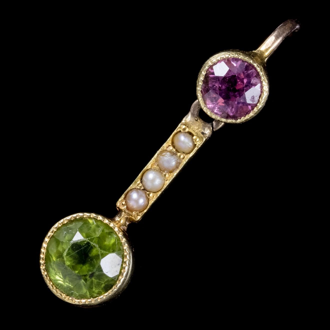 Women's Antique Victorian Suffragette Earrings Peridot Amethyst Pearl 18 Carat Gold