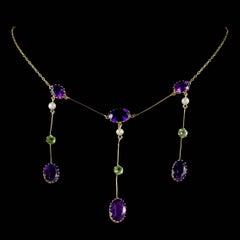 Antique Victorian Suffragette Necklace 18 Carat Gold Amethyst Droppers