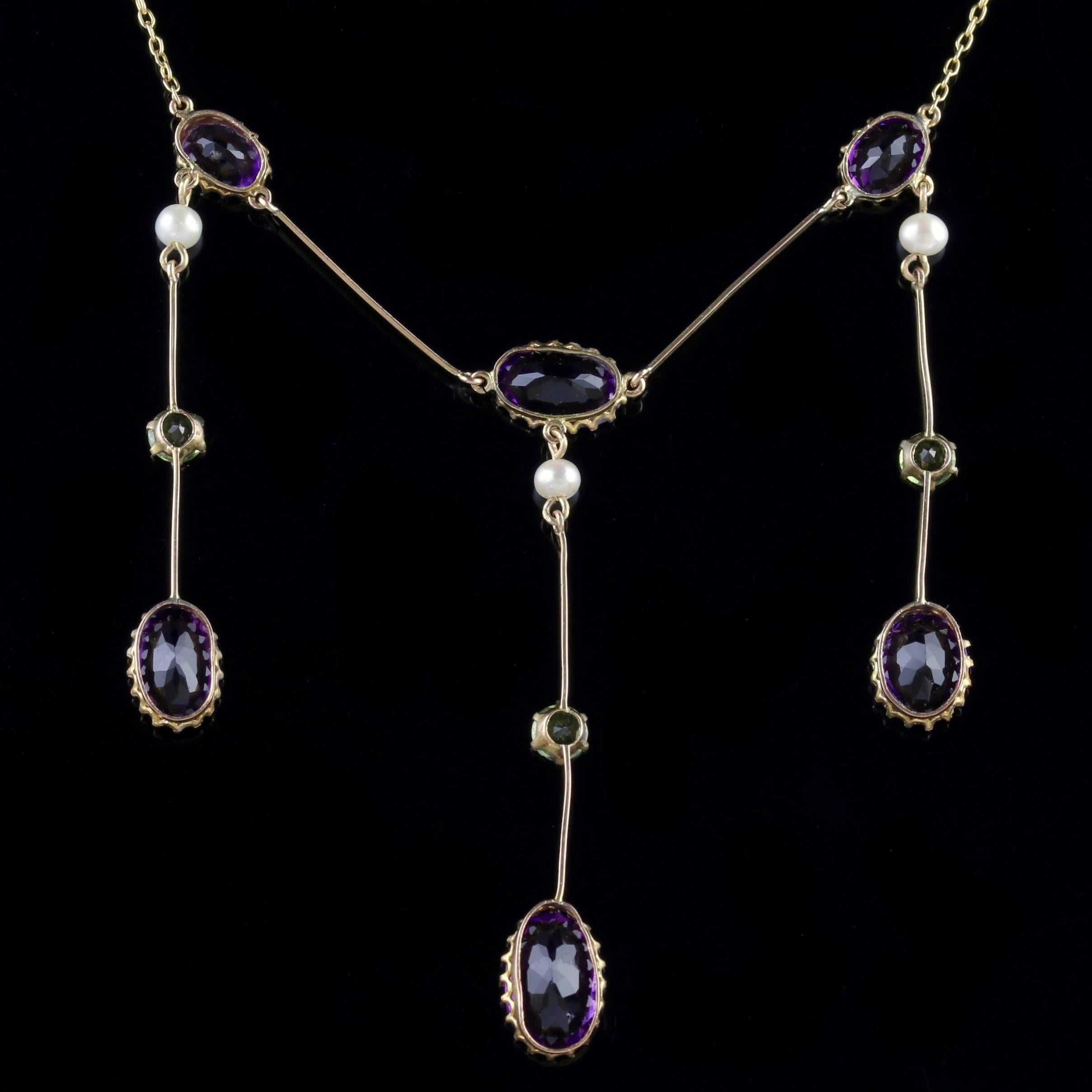 Antique Victorian Suffragette Necklace 18 Carat Gold Amethyst Droppers In Excellent Condition For Sale In Lancaster, Lancashire