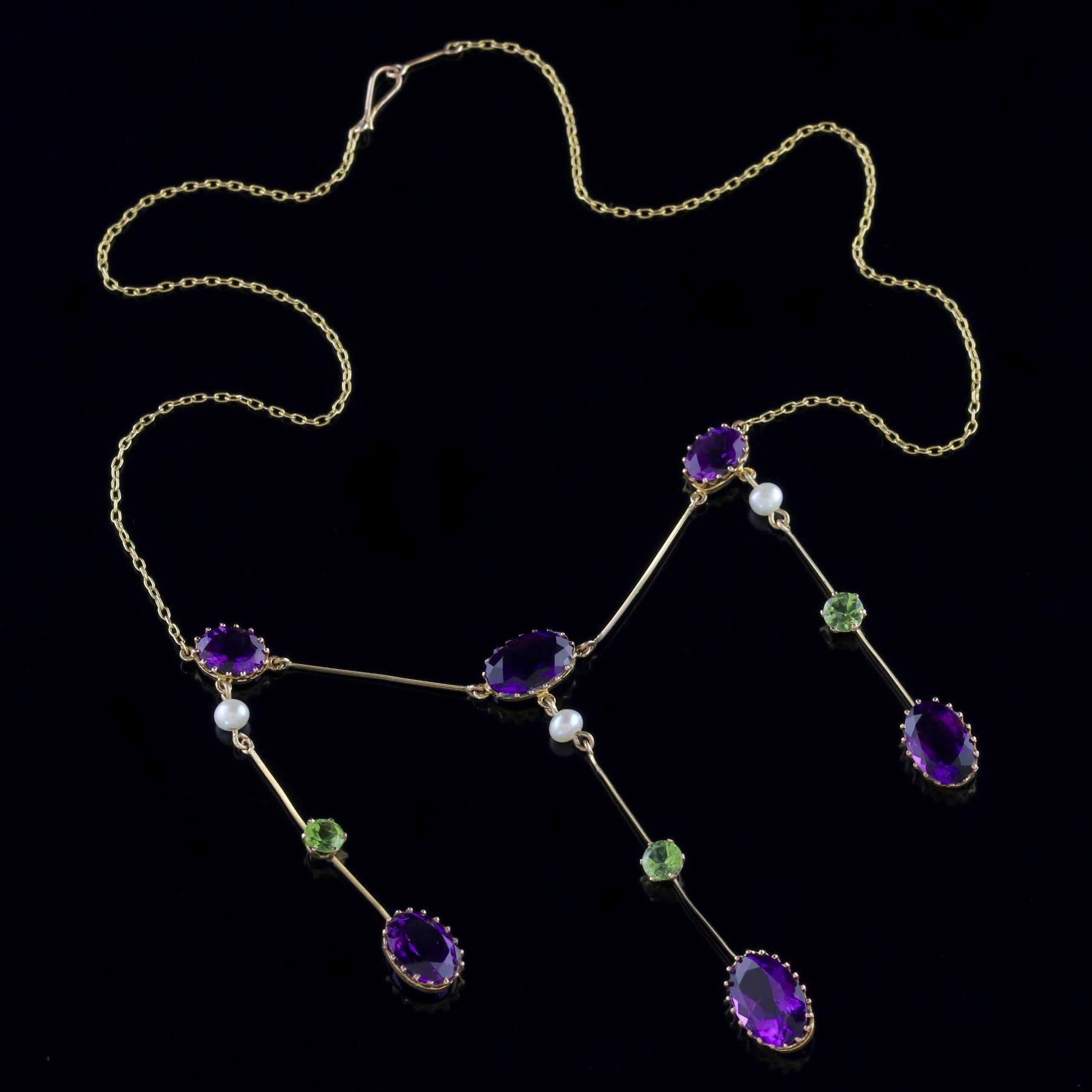 Women's Antique Victorian Suffragette Necklace 18 Carat Gold Amethyst Droppers For Sale