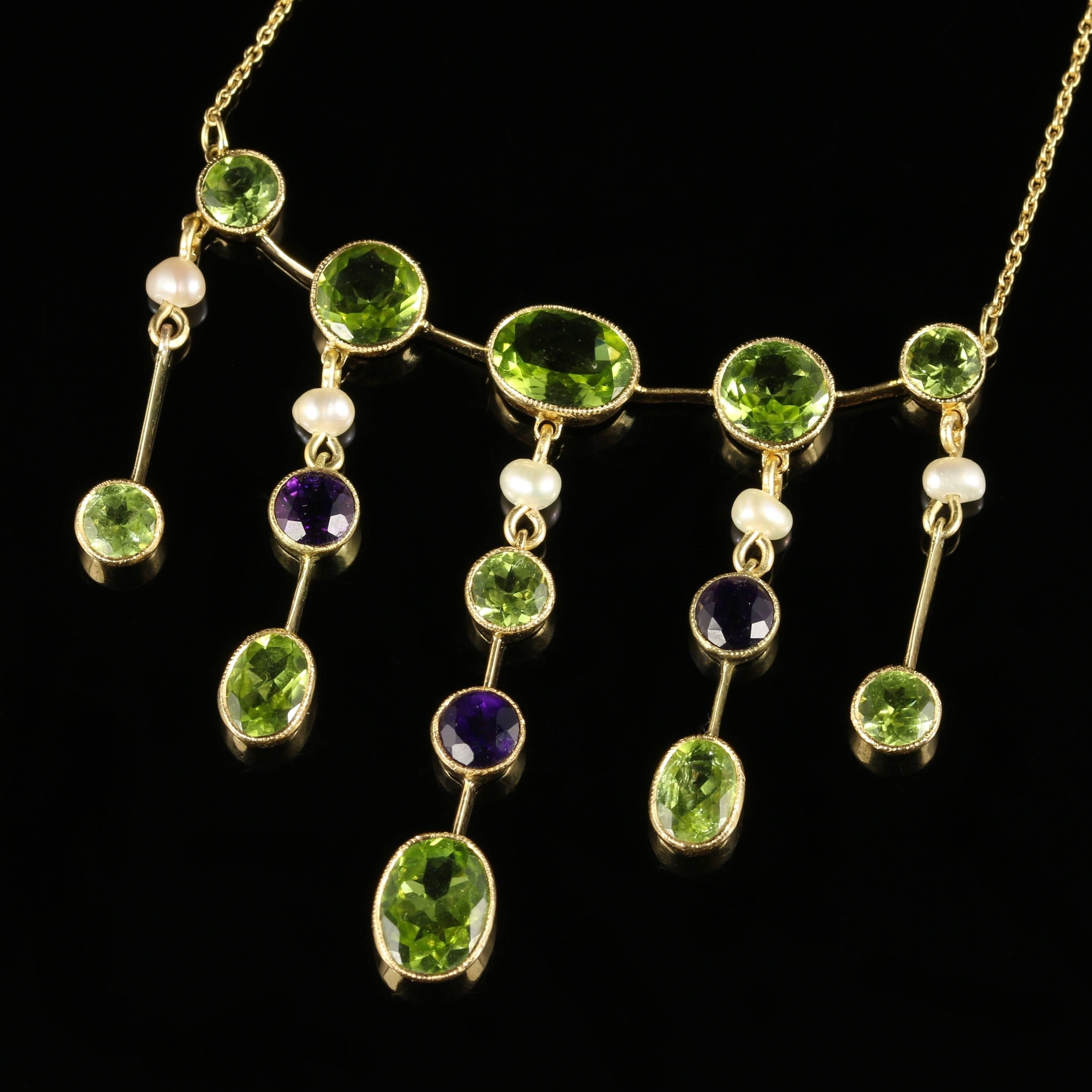 Antique Victorian Suffragette Necklace Peridot Amethyst Pearl, circa 1900 In Excellent Condition For Sale In Lancaster, Lancashire