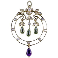 Antique Victorian Suffragette Pendant 15 Carat Gold Peridot Droppers, circa 1900
