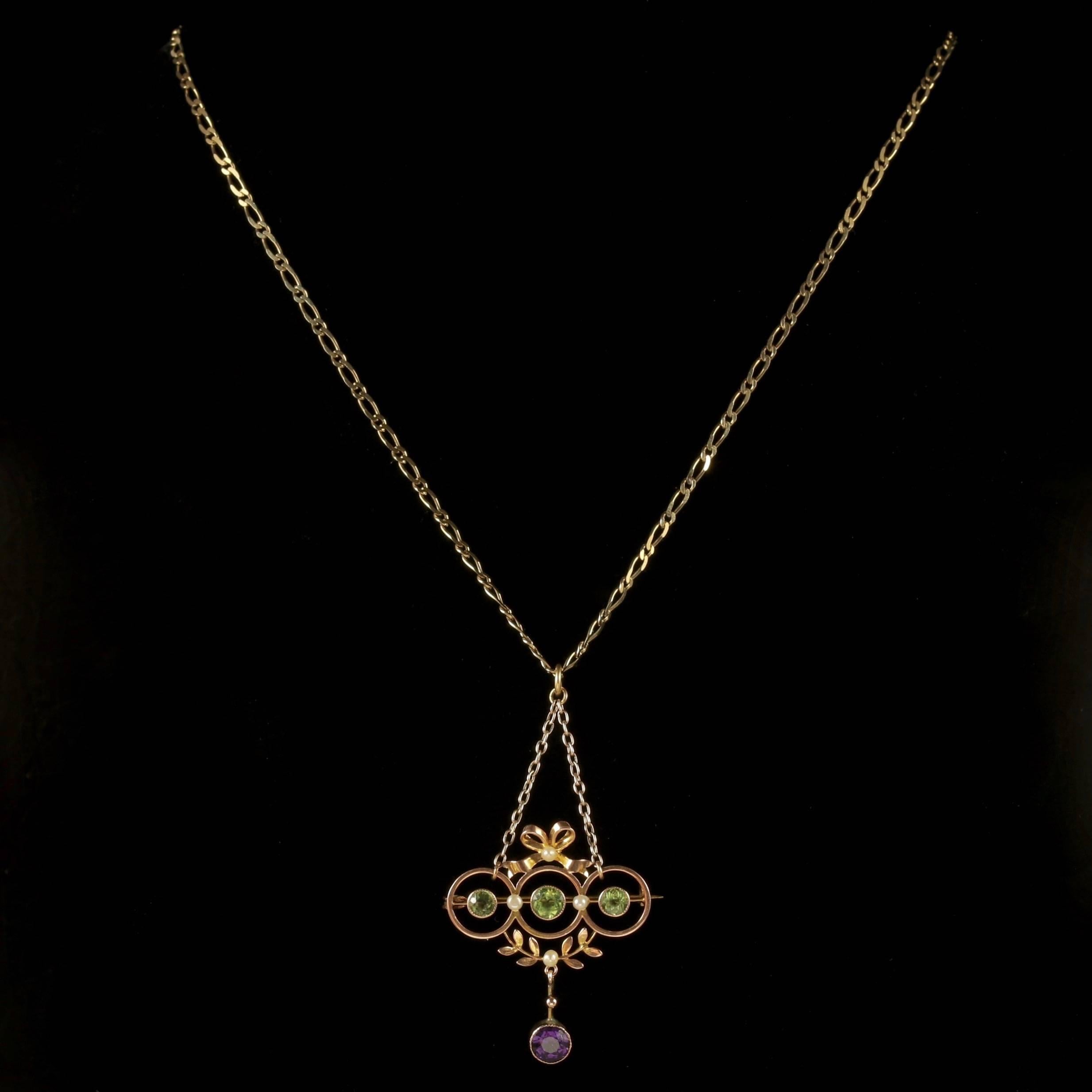 To read more please click continue reading below-

This fabulous antique Victorian 9ct Gold Suffragette pendant necklace is Circa 1900. 

Suffragettes liked to be depicted as feminine, their jewellery popularly consisted of Violet Green and White