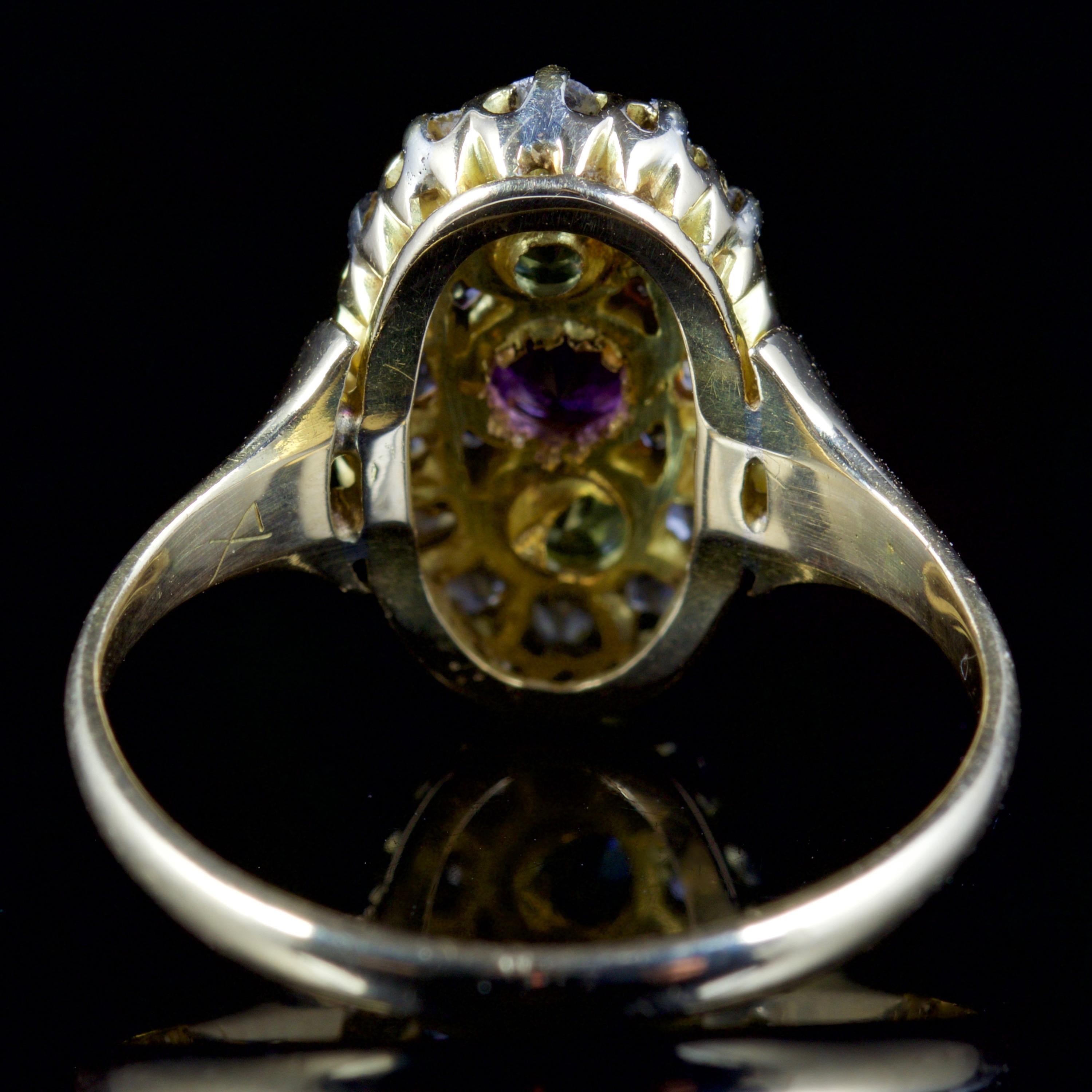 Antique Victorian Suffragette Peridot Amethyst Diamond Ring 18 Carat, circa 1900 In Excellent Condition In Lancaster, Lancashire