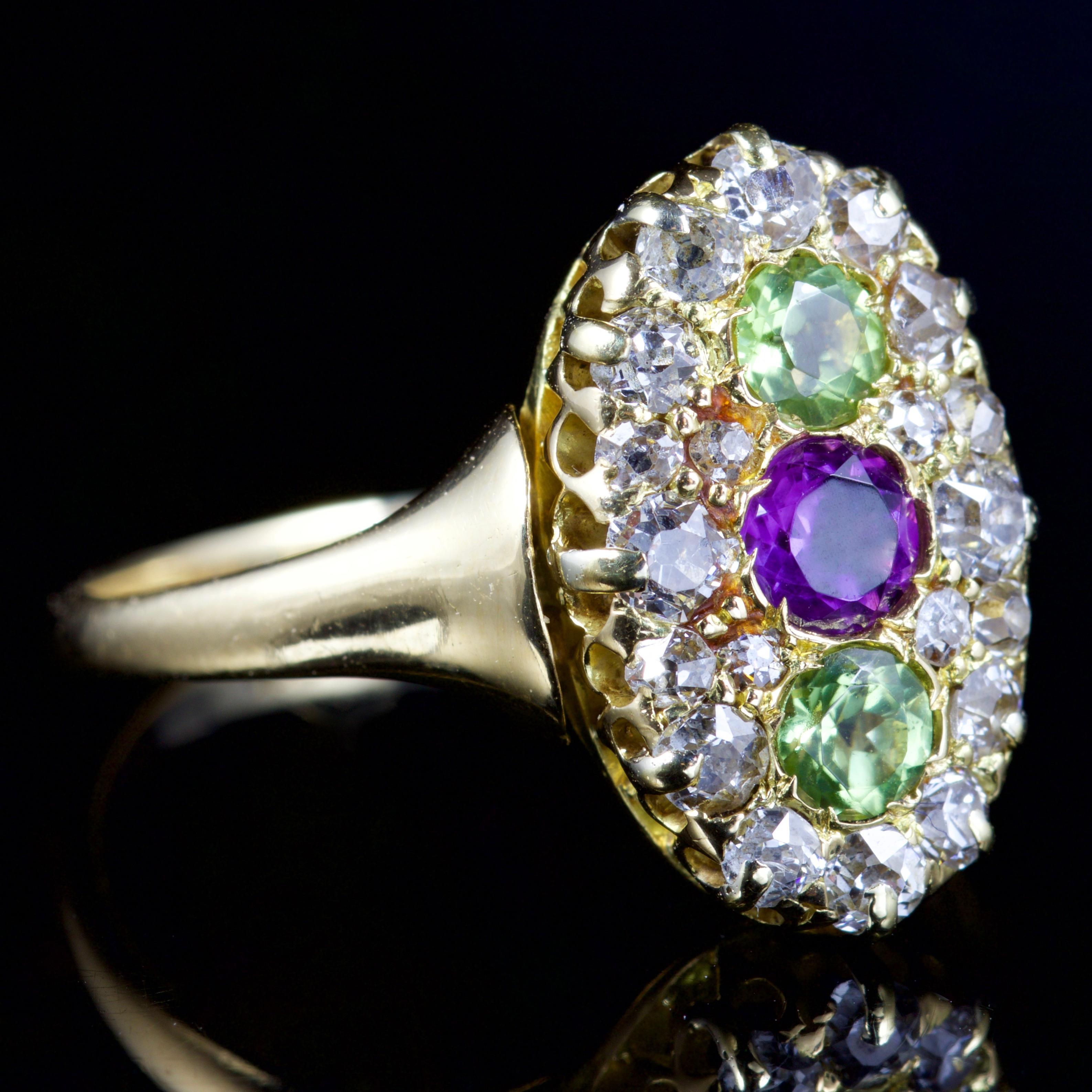 Women's Antique Victorian Suffragette Peridot Amethyst Diamond Ring 18 Carat, circa 1900