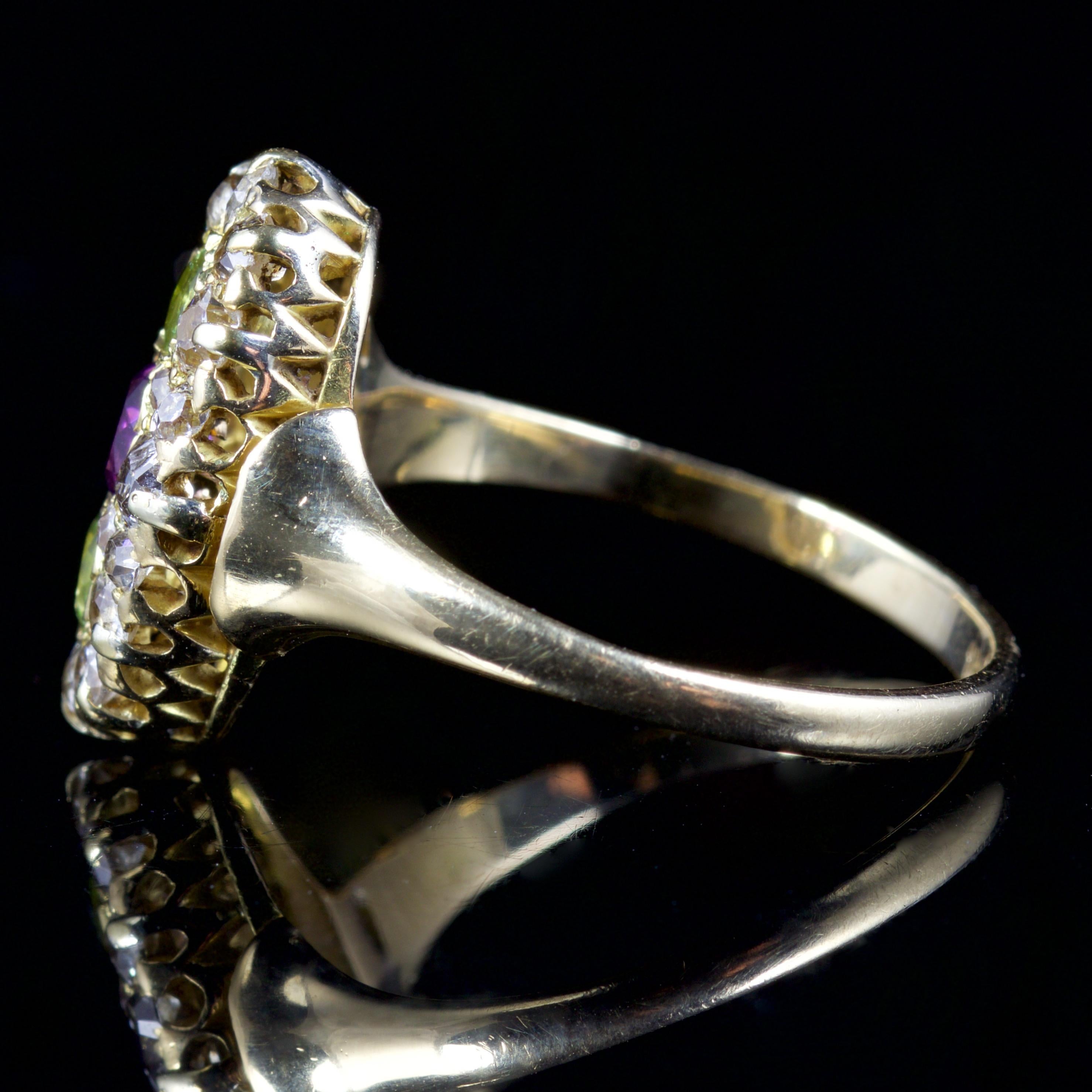 Antique Victorian Suffragette Peridot Amethyst Diamond Ring 18 Carat, circa 1900 1