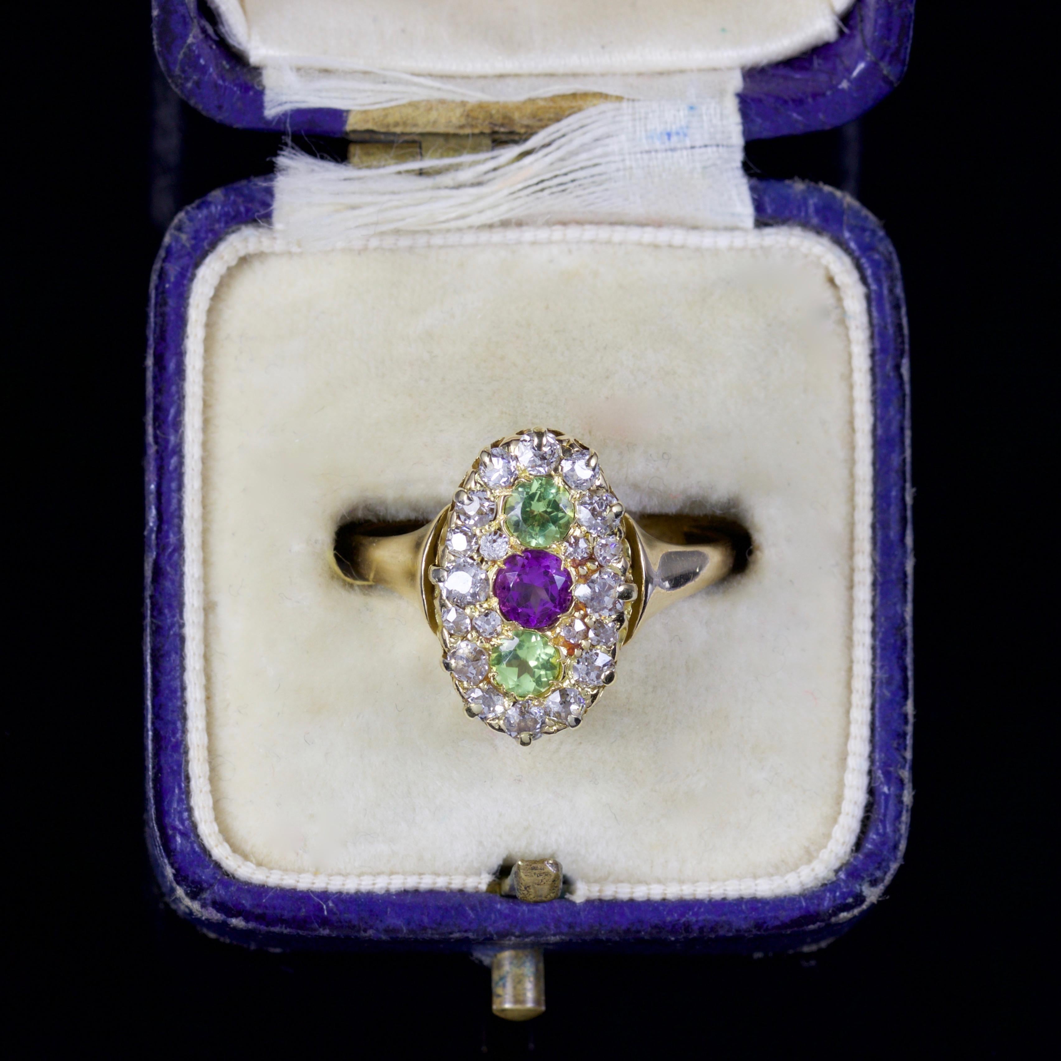 Antique Victorian Suffragette Peridot Amethyst Diamond Ring 18 Carat, circa 1900 2