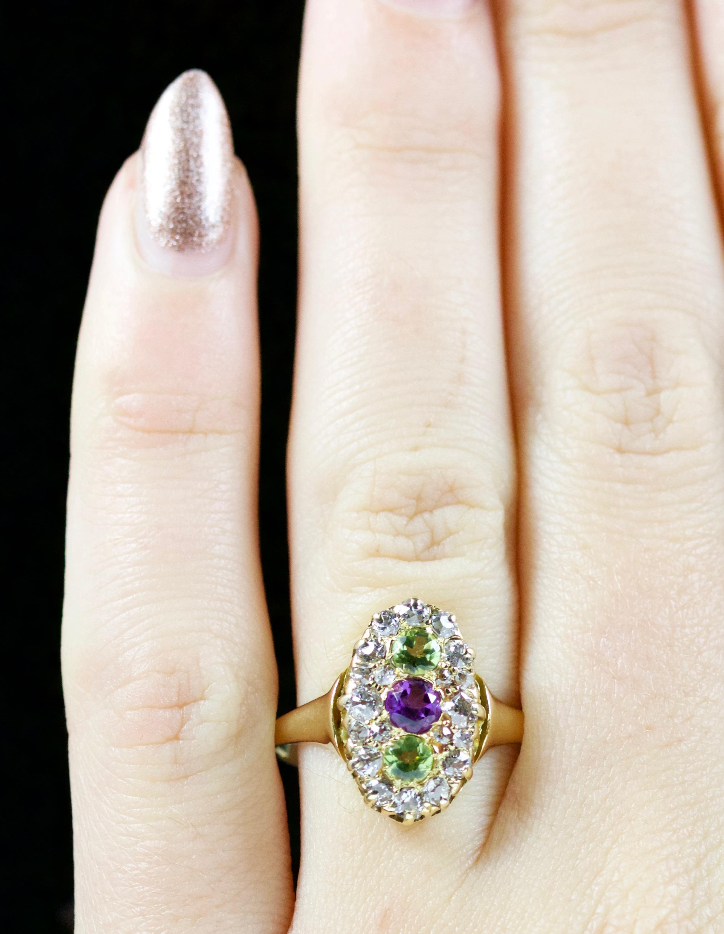Antique Victorian Suffragette Peridot Amethyst Diamond Ring 18 Carat, circa 1900 3