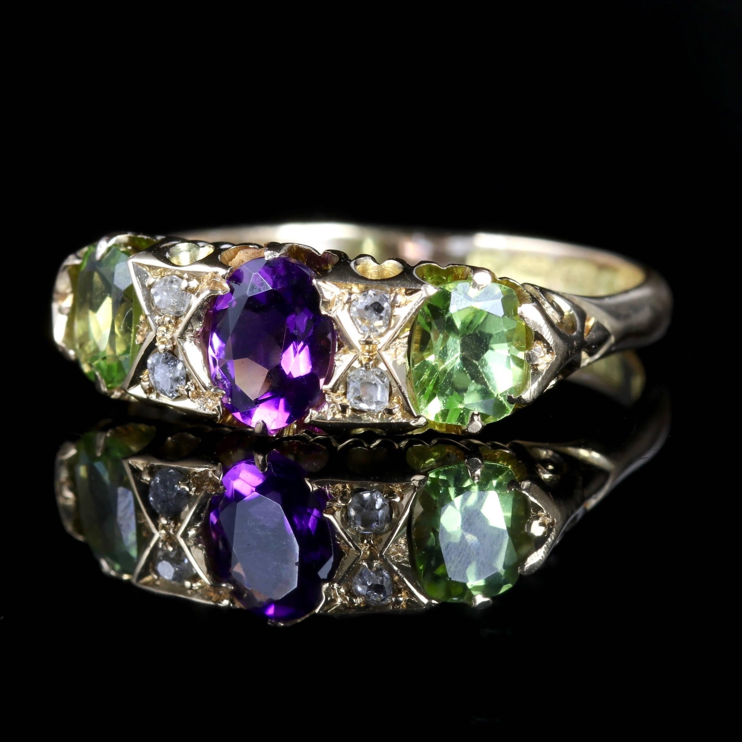 This fabulous Antique Victorian Suffragette ring is set in 18ct Gold Circa 1900.

Suffragettes liked to be depicted as feminine, their jewellery popularly consisted of Violet Green and White colours which were chosen to counter the stereotypes put