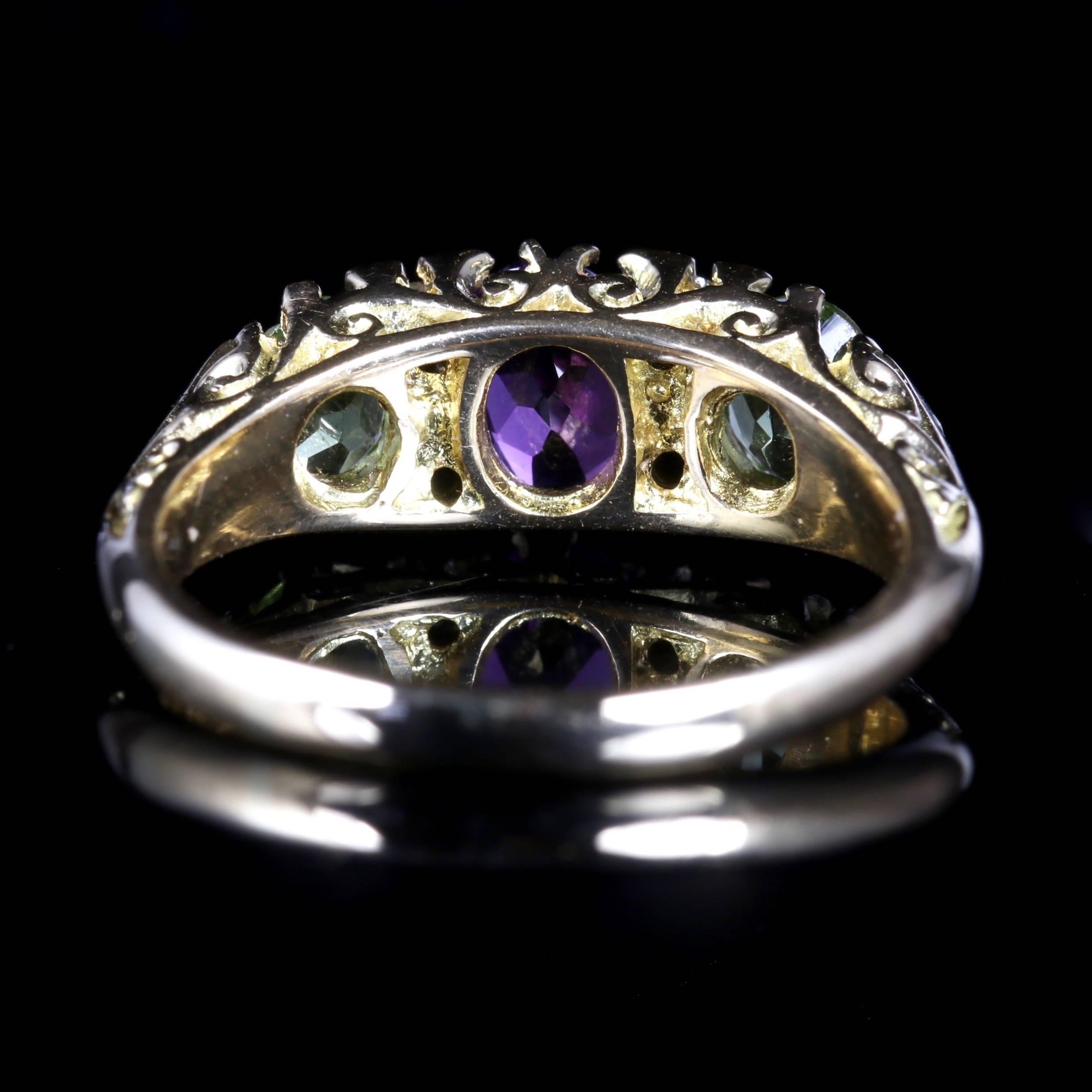 This elegant Victorian Suffragette ring is set in 18ct Yellow Gold, Circa 1900.

Suffragettes liked to be depicted as feminine, their jewellery popularly consisted of Violet Green and White colours which were chosen to counter the stereotypes put