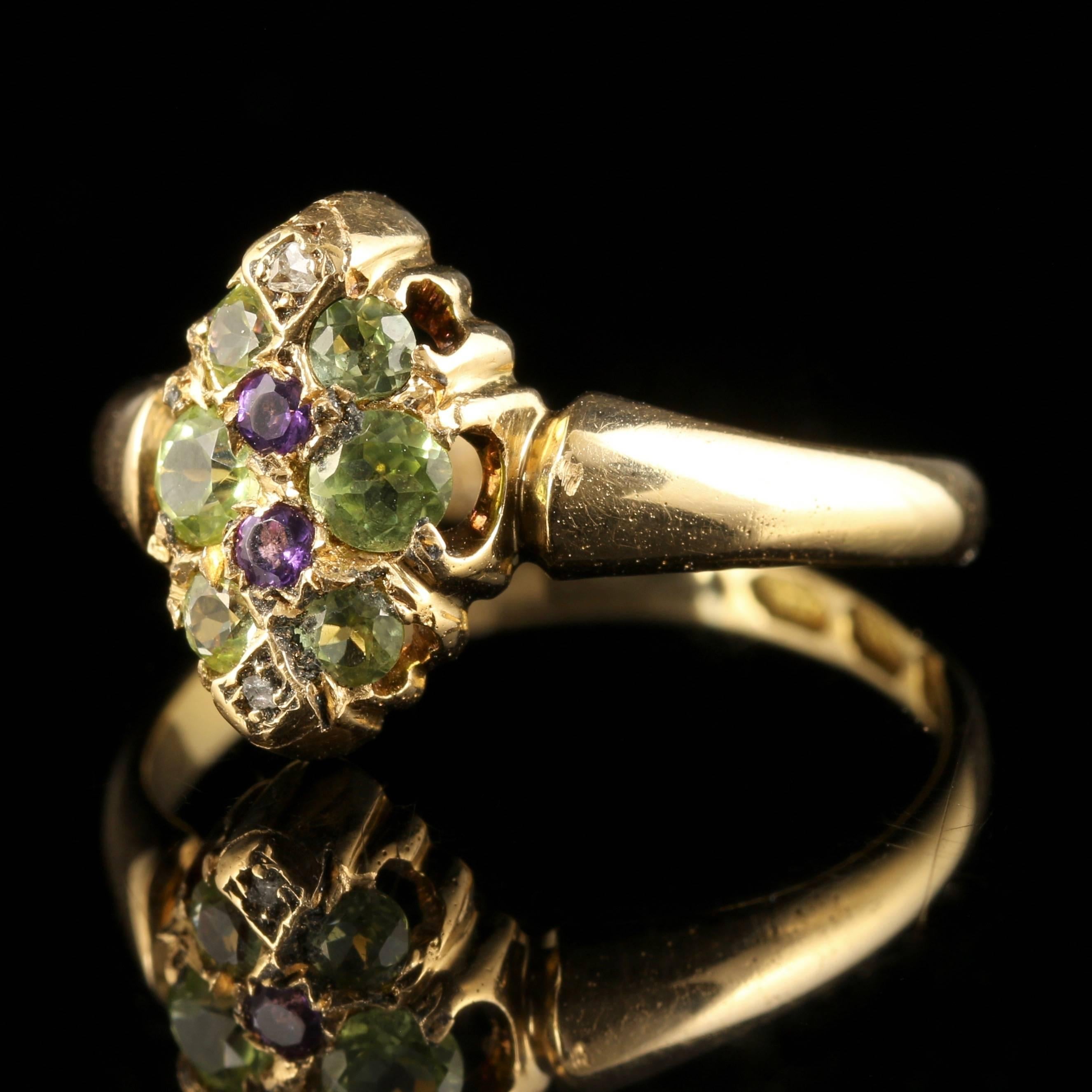 For more details please click continue reading down below...

This stunning Antique Victorian Suffragette ring is Circa 1900, set in 18ct Yellow Gold.

The face of the ring is a marquise shape displaying beautiful Peridots, Diamonds and