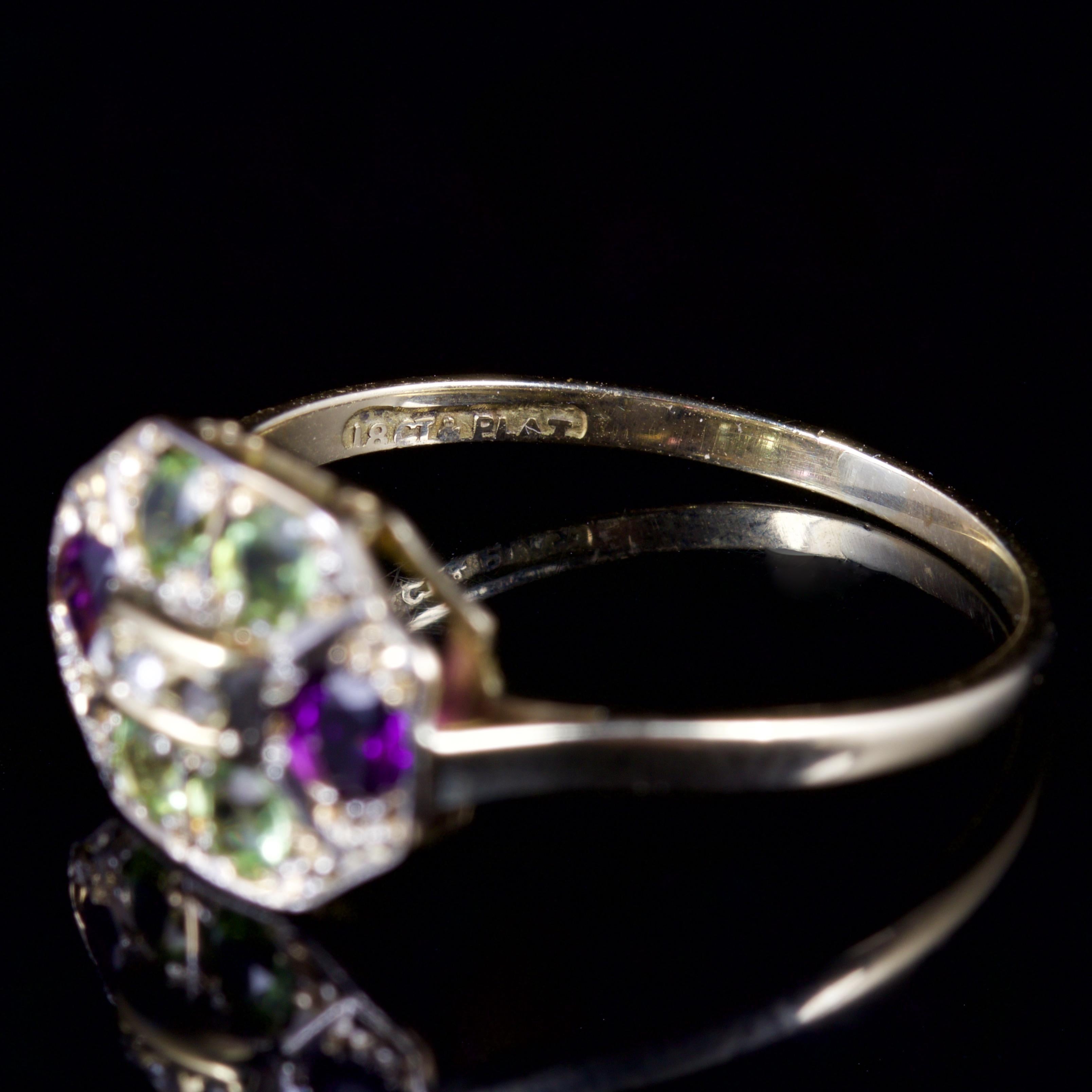 Antique Victorian Suffragette Ring Diamond Amethyst Peridot 18 Carat Gold In Excellent Condition For Sale In Lancaster, Lancashire