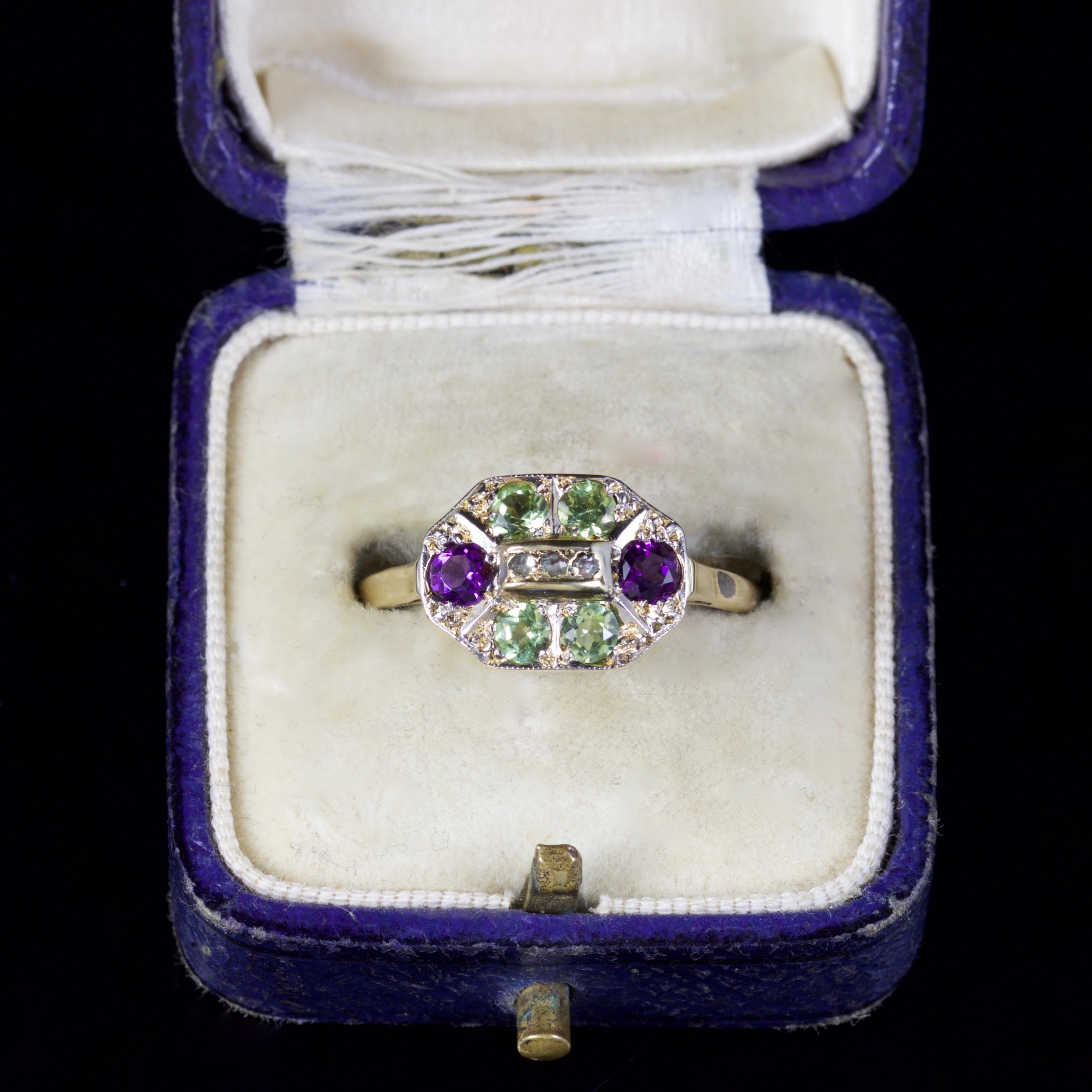 Women's Antique Victorian Suffragette Ring Diamond Amethyst Peridot 18 Carat Gold For Sale