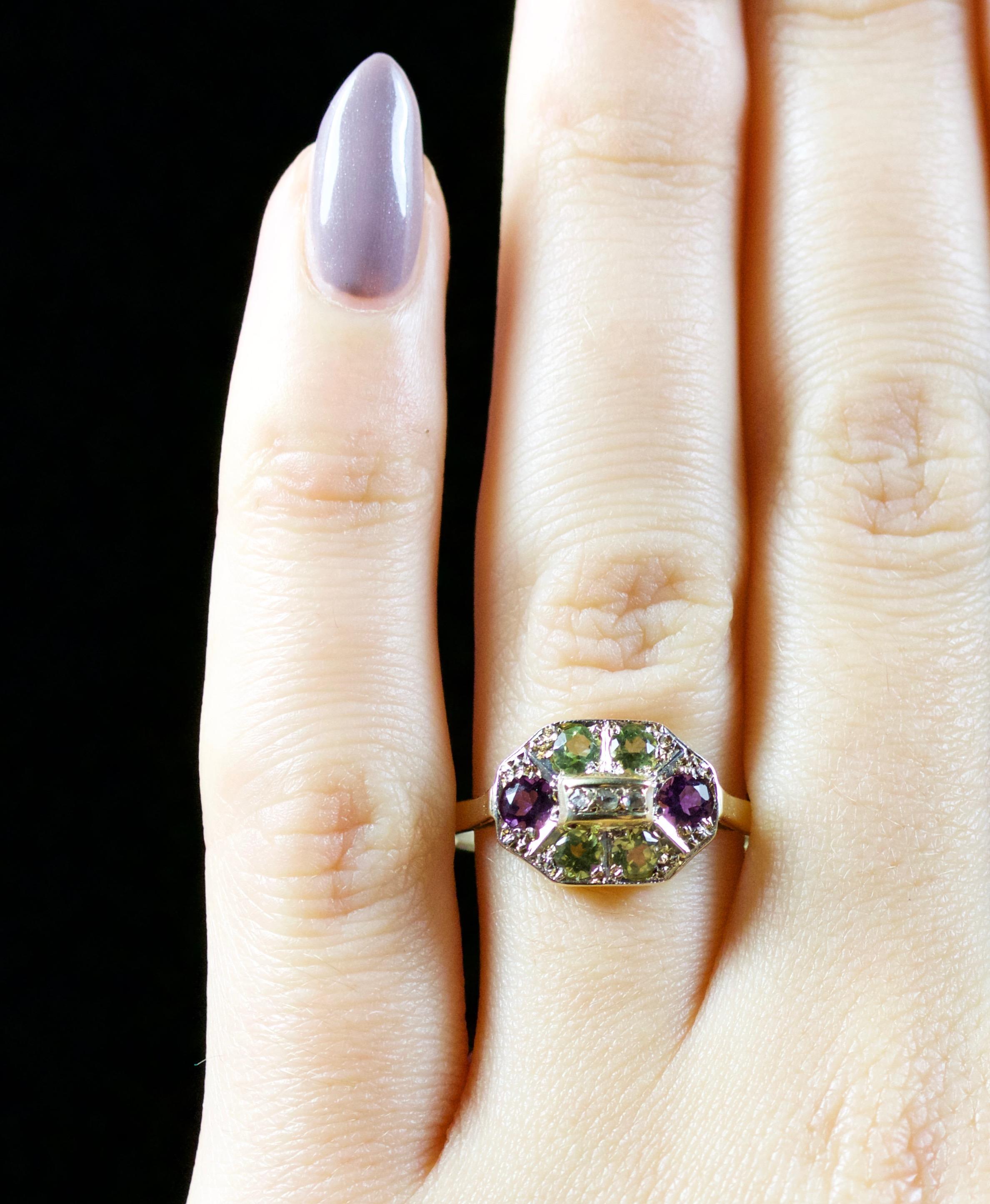 Antique Victorian Suffragette Ring Diamond Amethyst Peridot 18 Carat Gold For Sale 1