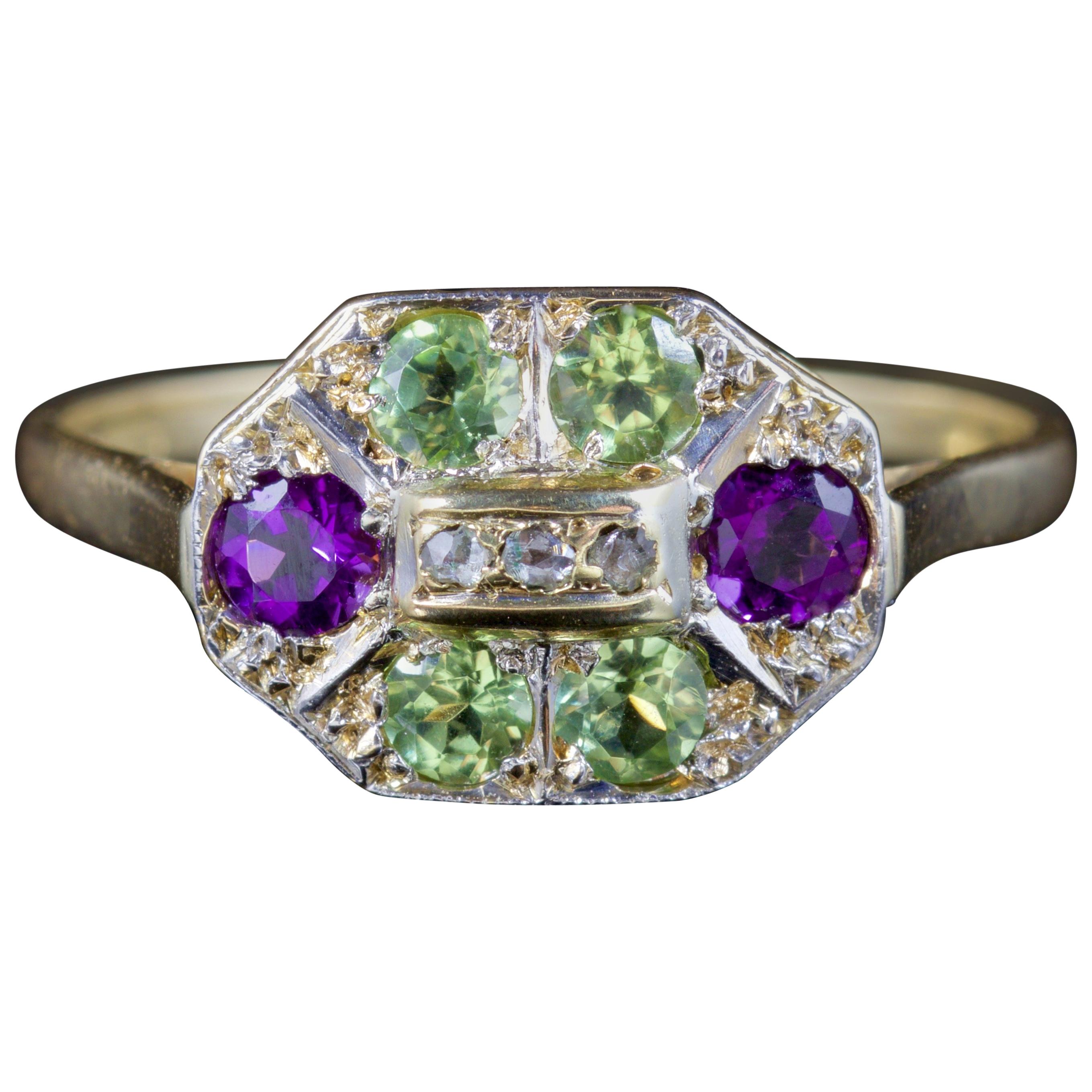 Antique Victorian Suffragette Ring Diamond Amethyst Peridot 18 Carat Gold For Sale