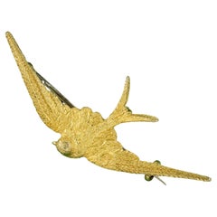 Broche hirondelle victorienne ancienne en or 15 carats, vers 1880