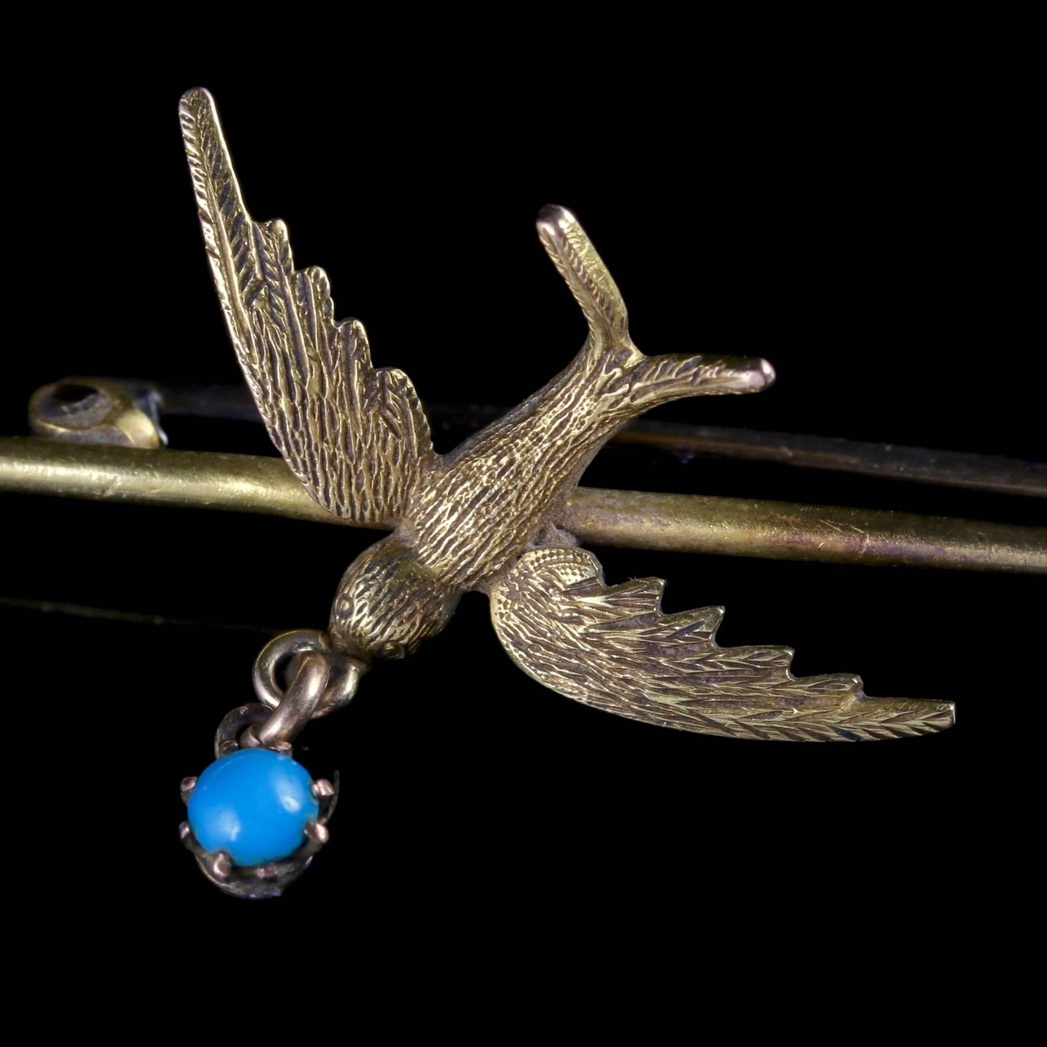 To read more please click continue reading below-

This wonderful antique 15ct Gold Swallow brooch is Victorian Circa 1900. 

The fabulous piece is adorned with a beautifully engraved swallow in flight with a lovely Turquoise stone dangling from