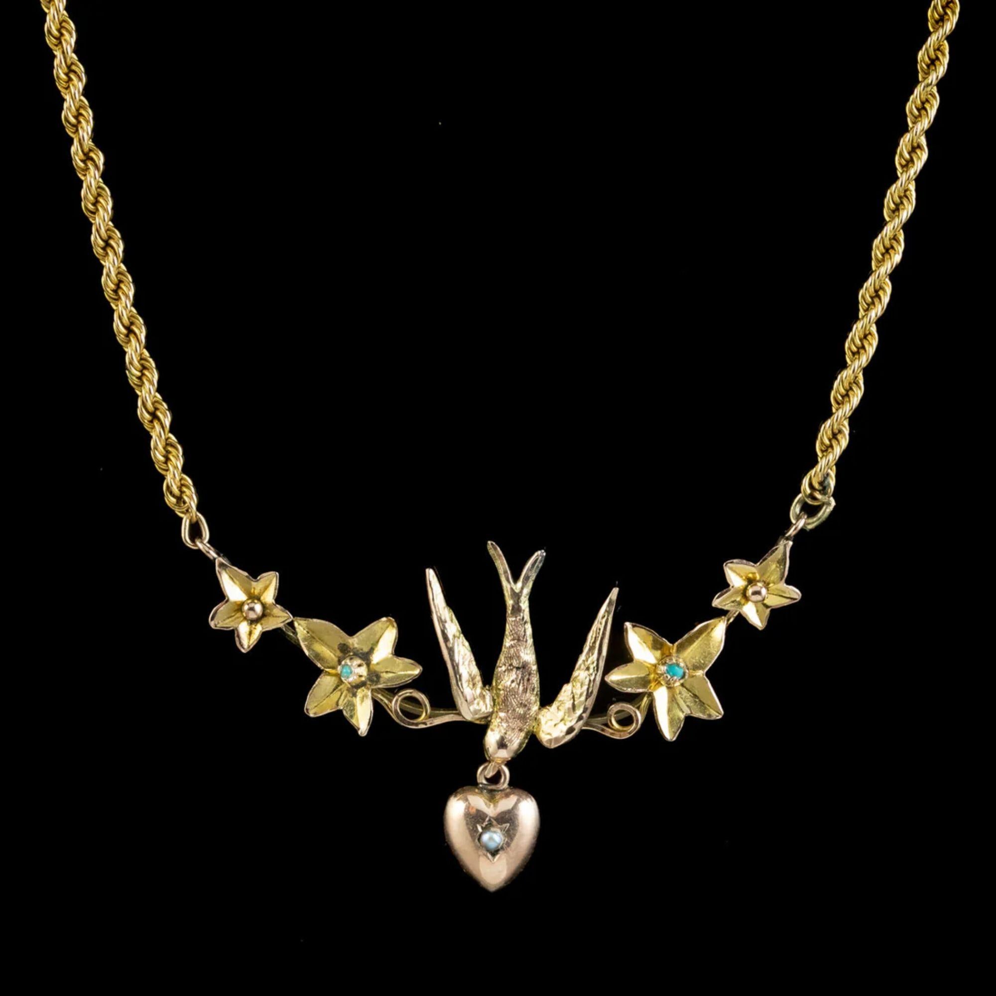 Women's Antique Victorian Swallow Heart Ivy Necklace in 9 Carat Gold