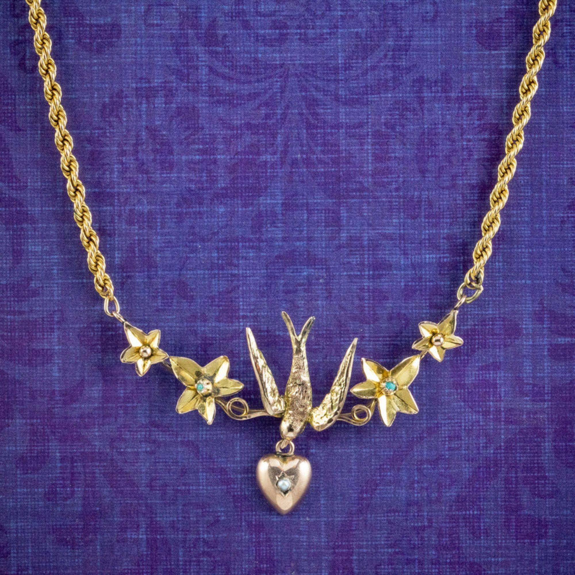 Antique Victorian Swallow Heart Ivy Necklace in 9 Carat Gold 3