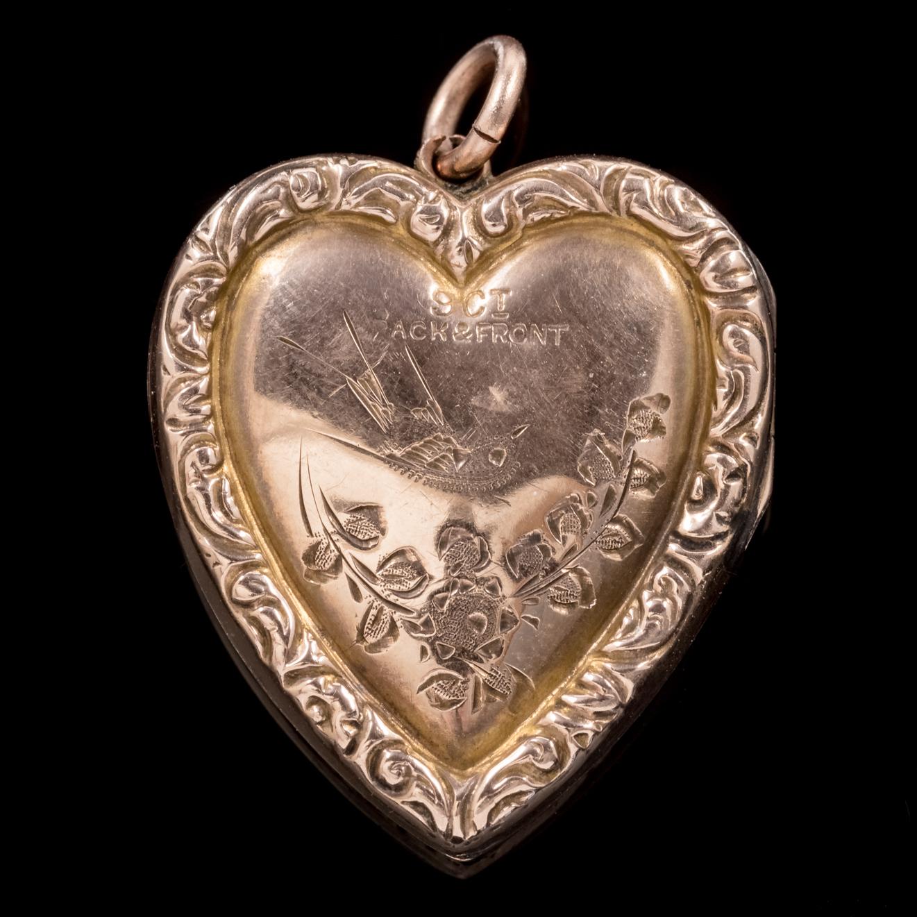 A delightful antique Victorian heart Locket C. 1900, engraved with beautiful detail with lovely swallows on the back and front. 

Swallows are known to mate for life and therefore symbolize love and faithfulness. The image of a swallow was popular