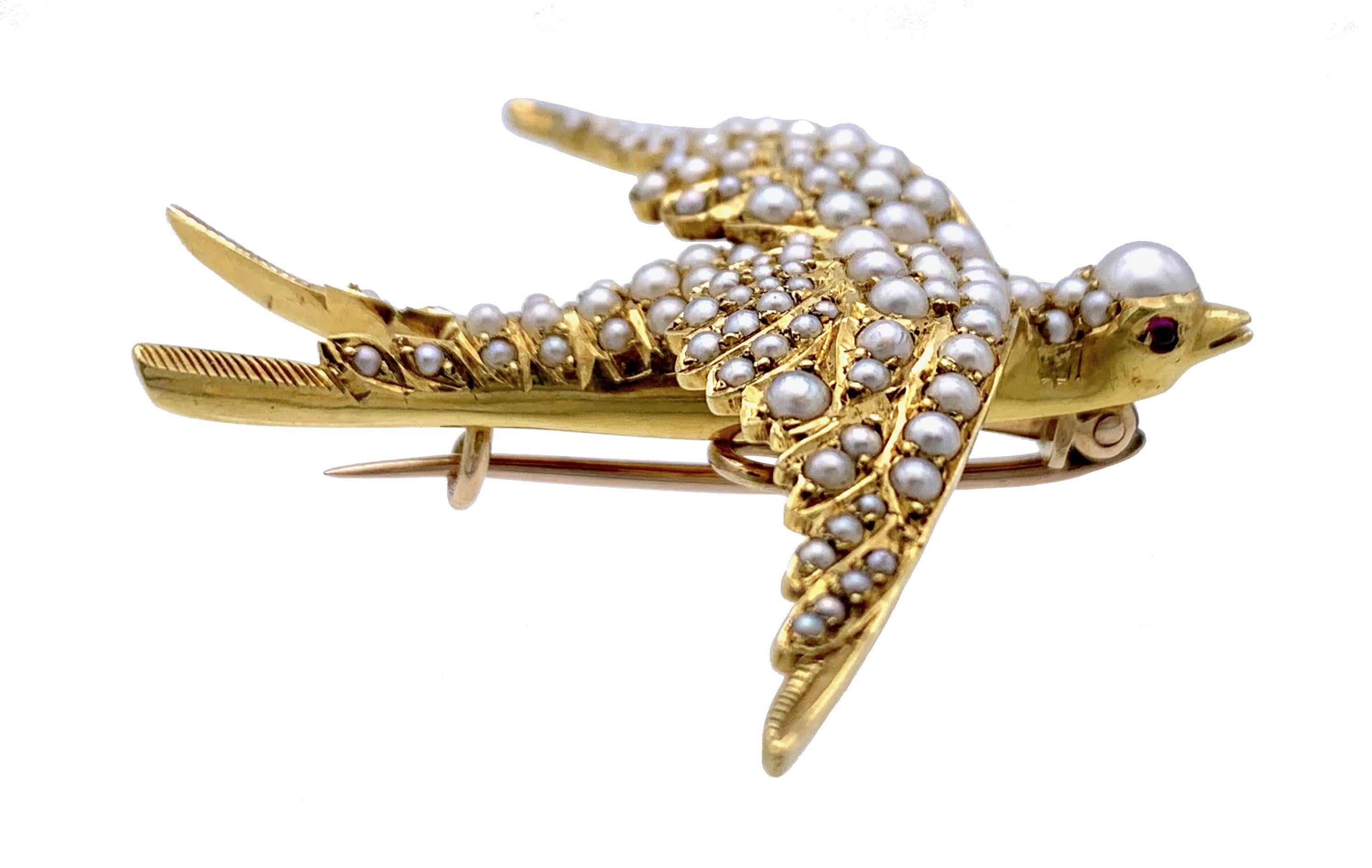 Ball Cut Antique Victorian Swallow in Flight Bird Oriental Pearls 14 Karat Gold Brooch For Sale