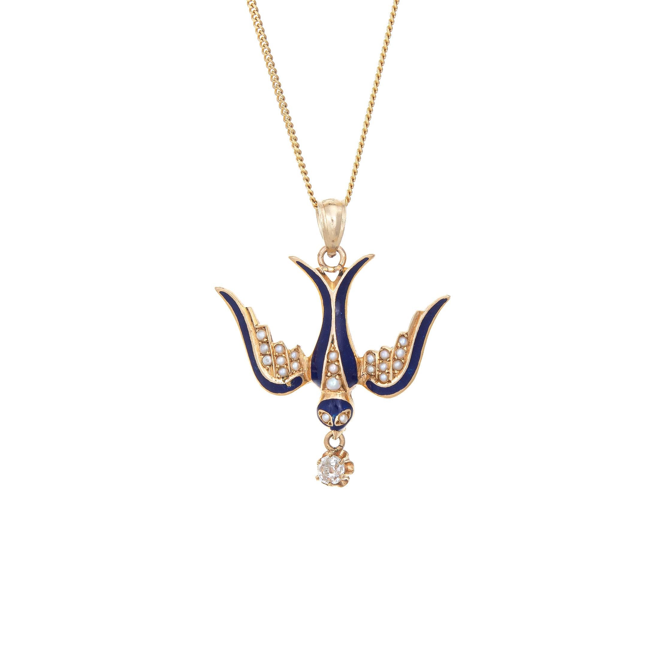 Antique Victorian Swallow Pendant Necklace 14k Yellow Gold Diamond Seed Pearls In Good Condition In Torrance, CA