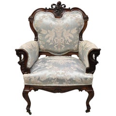 Antique Victorian Swan Bird Carved Mahogany Parlor Lounge Armchair
