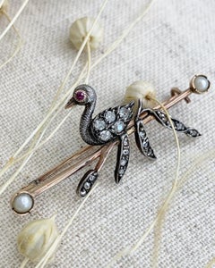Antique Victorian Swan Brooch Diamonds and Seed Pearls set in Silver and Gold