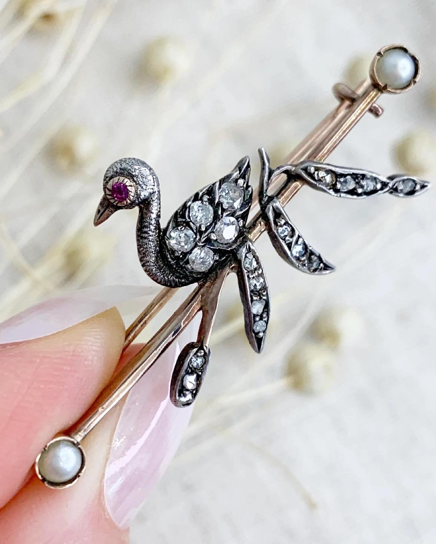 Women's or Men's Antique Victorian Swan Brooch Diamonds and Seed Pearls set in Silver and Gold For Sale