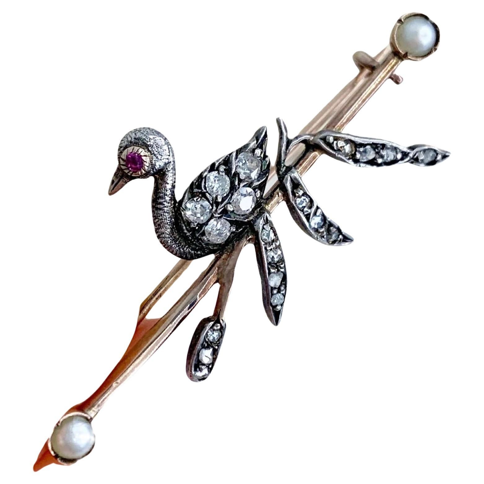 Antique Victorian Swan Brooch Diamonds and Seed Pearls set in Silver and Gold For Sale