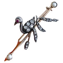 Antique Swan Victorian Brooch Diamonds and Seed Pearls set in Silver and Gold (Broche Swan victorienne en argent et or)