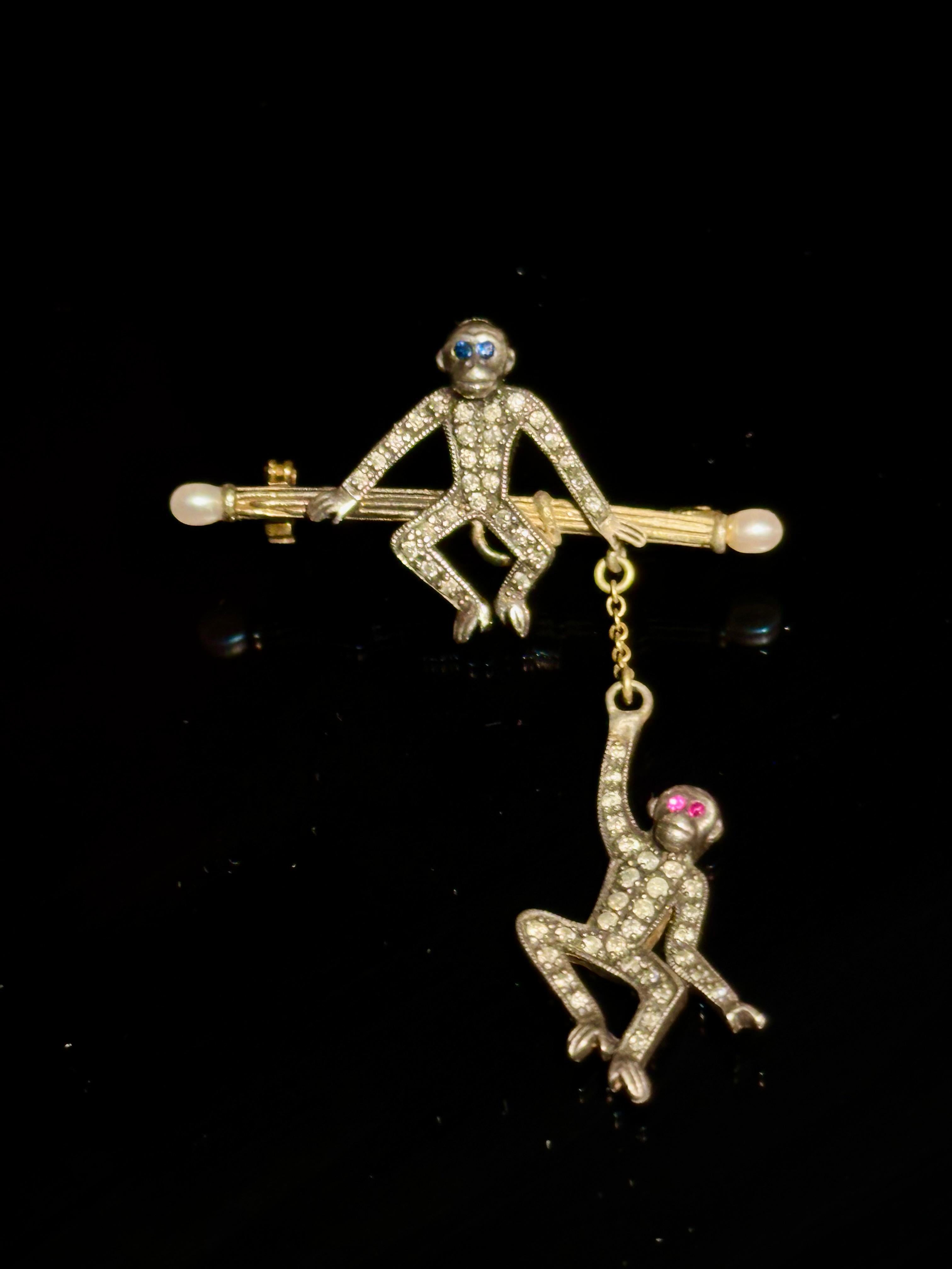 Rose Cut Antique Victorian Swinging Monkey Brooch Rose cut Diamonds Silver Gold 9 k