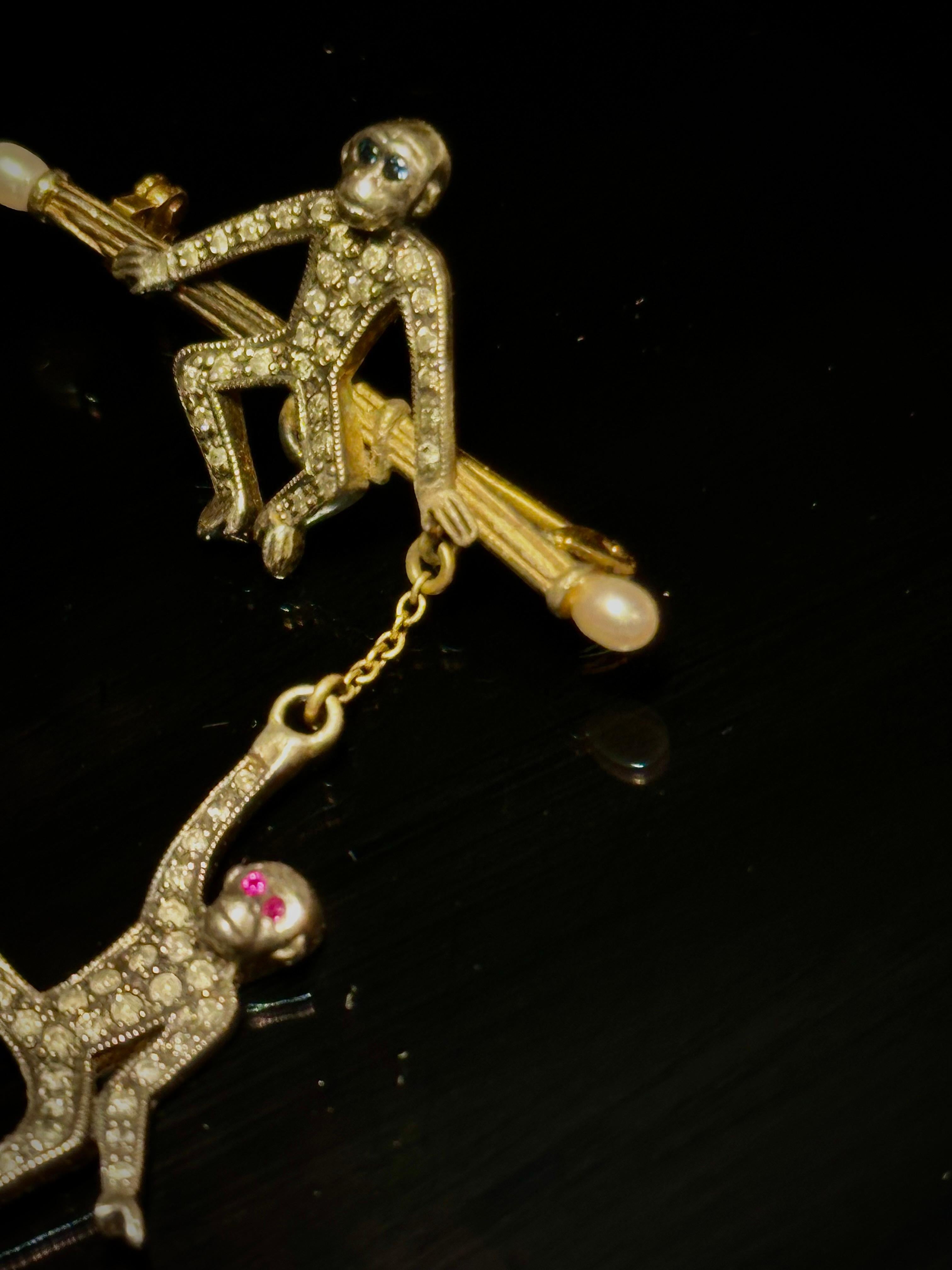 Antique Victorian Swinging Monkey Brooch Rose cut Diamonds Silver Gold 9 k 1