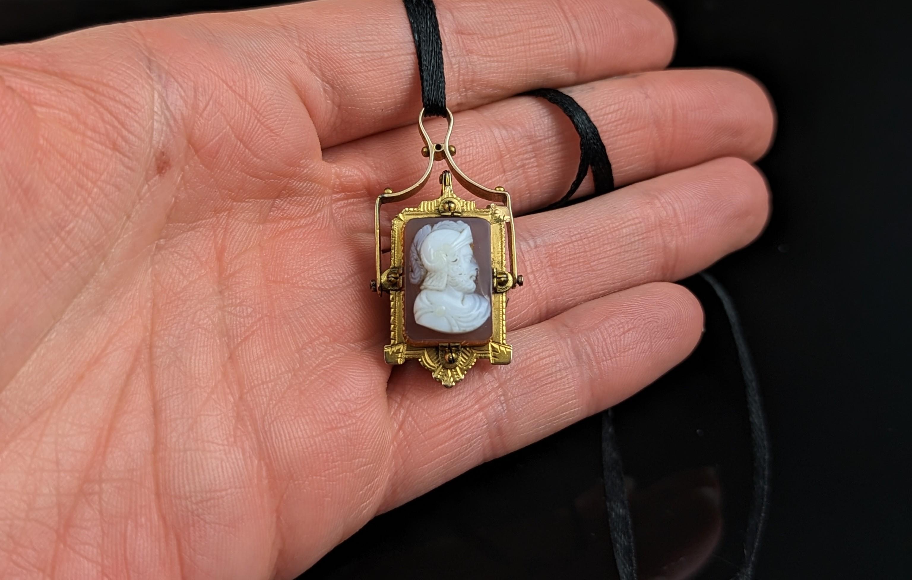 Antique Victorian Swivel Fob Locket pendant, 9k gold, Onyx J and cameo  For Sale 5