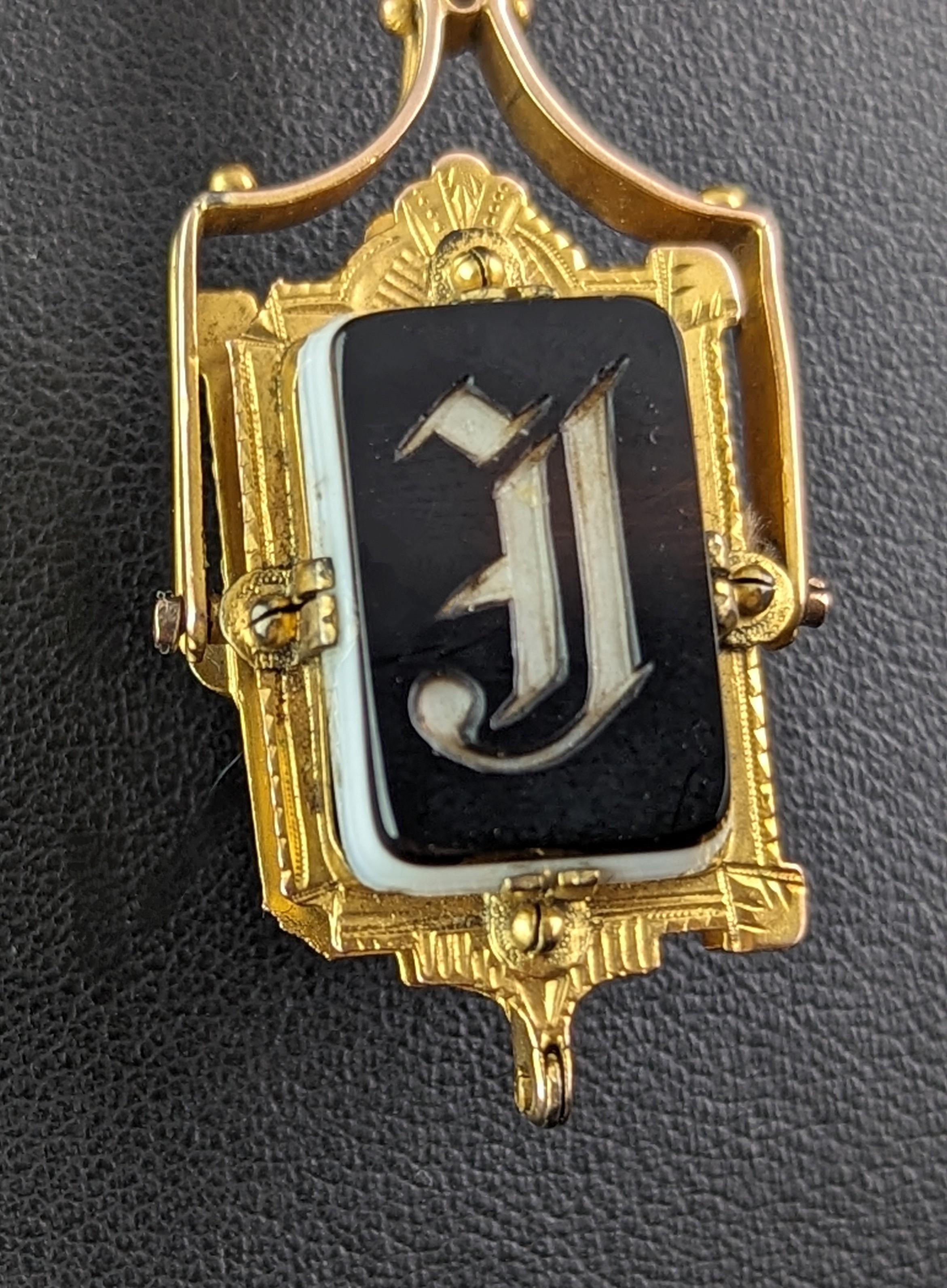 Antique Victorian Swivel Fob Locket pendant, 9k gold, Onyx J and cameo  For Sale 6