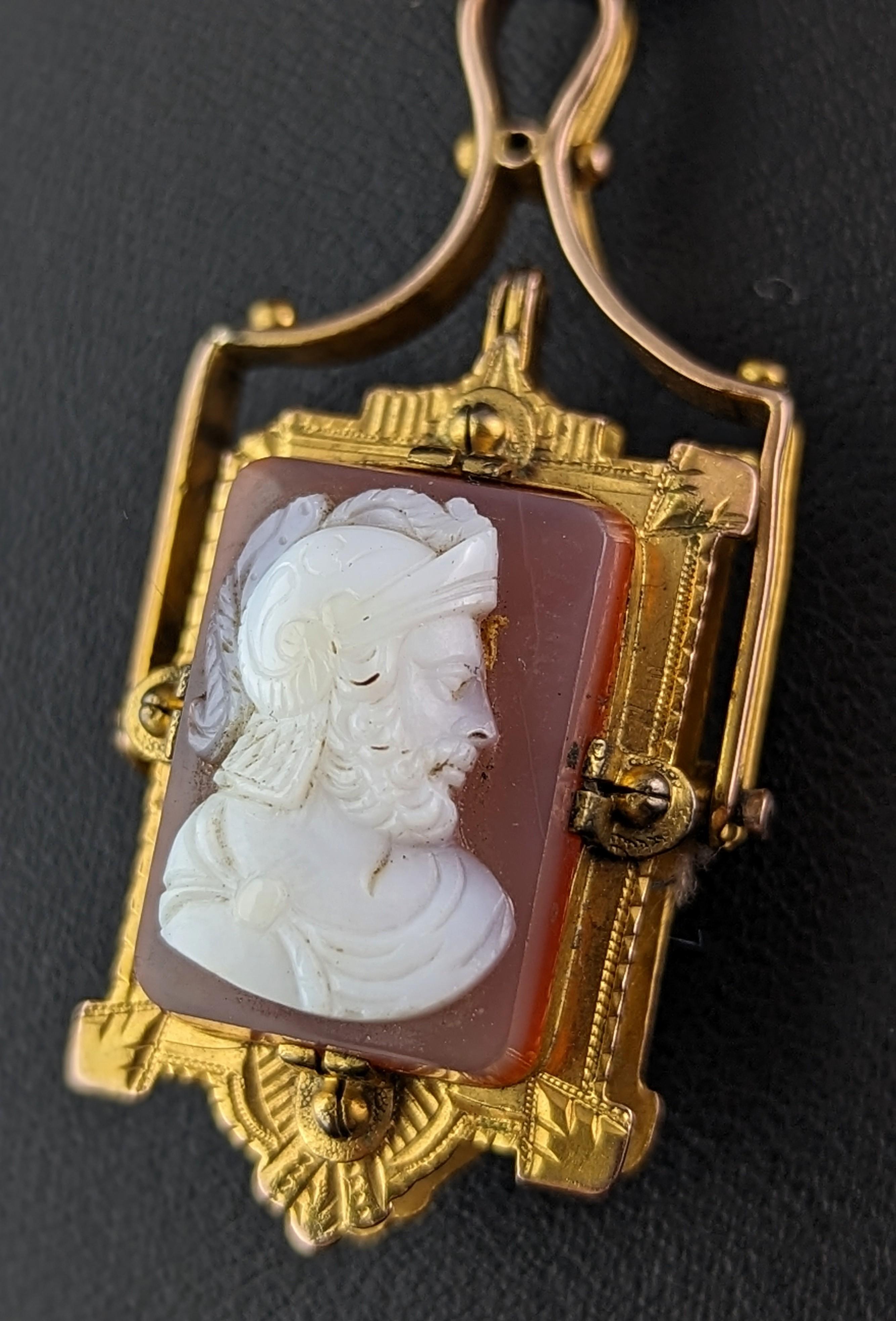 Antique Victorian Swivel Fob Locket pendant, 9k gold, Onyx J and cameo  For Sale 4