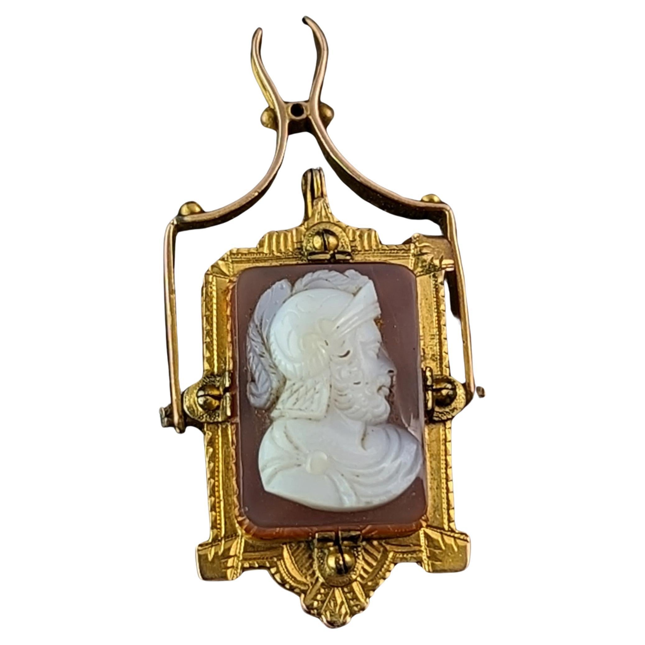Antique Victorian Swivel Fob Locket pendant, 9k gold, Onyx J and cameo  For Sale
