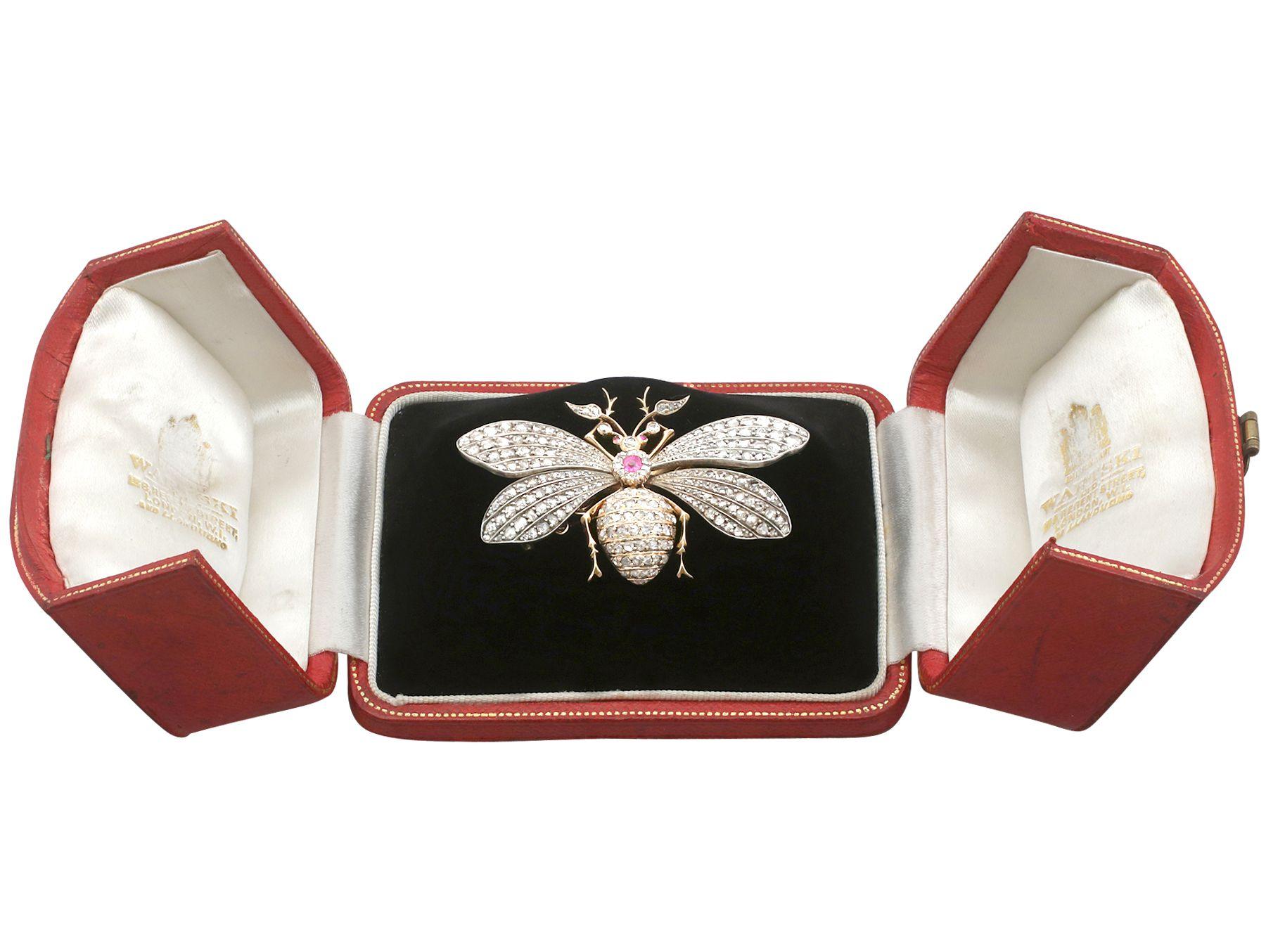 Antique Victorian Synthetic Ruby and 3.11 Carat Diamond Gold Insect Brooch For Sale 1