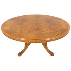 Antique Victorian Table, Burr Walnut Oval Loo Coffee Table, Scotland, 1860