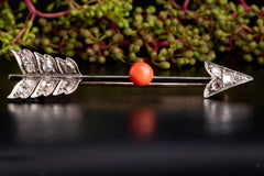 Antique Victorian Table Cut Diamond and Coral Arrow Brooch, Cupids Arrow Brooch