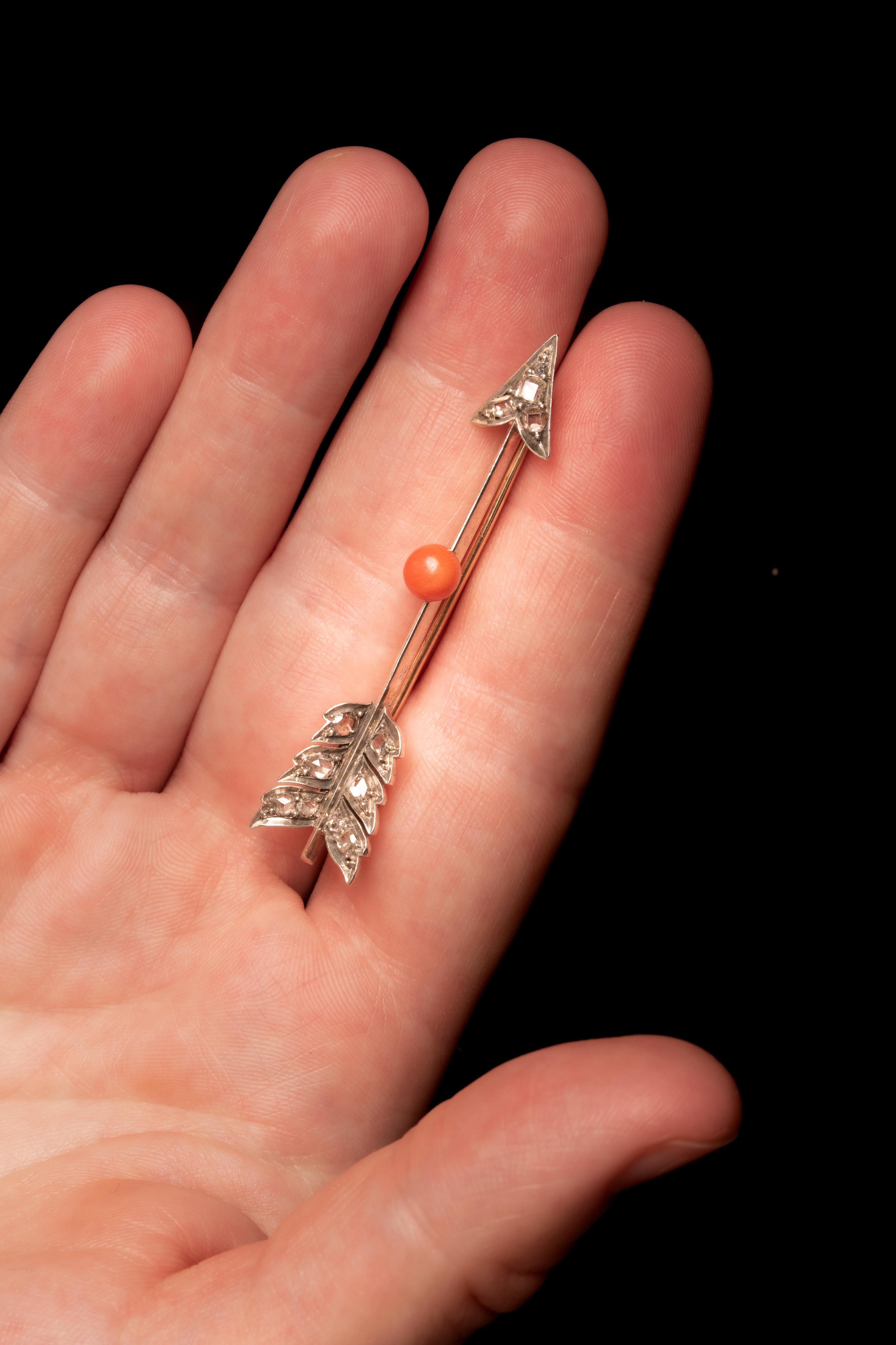 High Victorian Antique Victorian Table Cut Diamond and Coral Arrow Brooch, Cupids Arrow Brooch For Sale