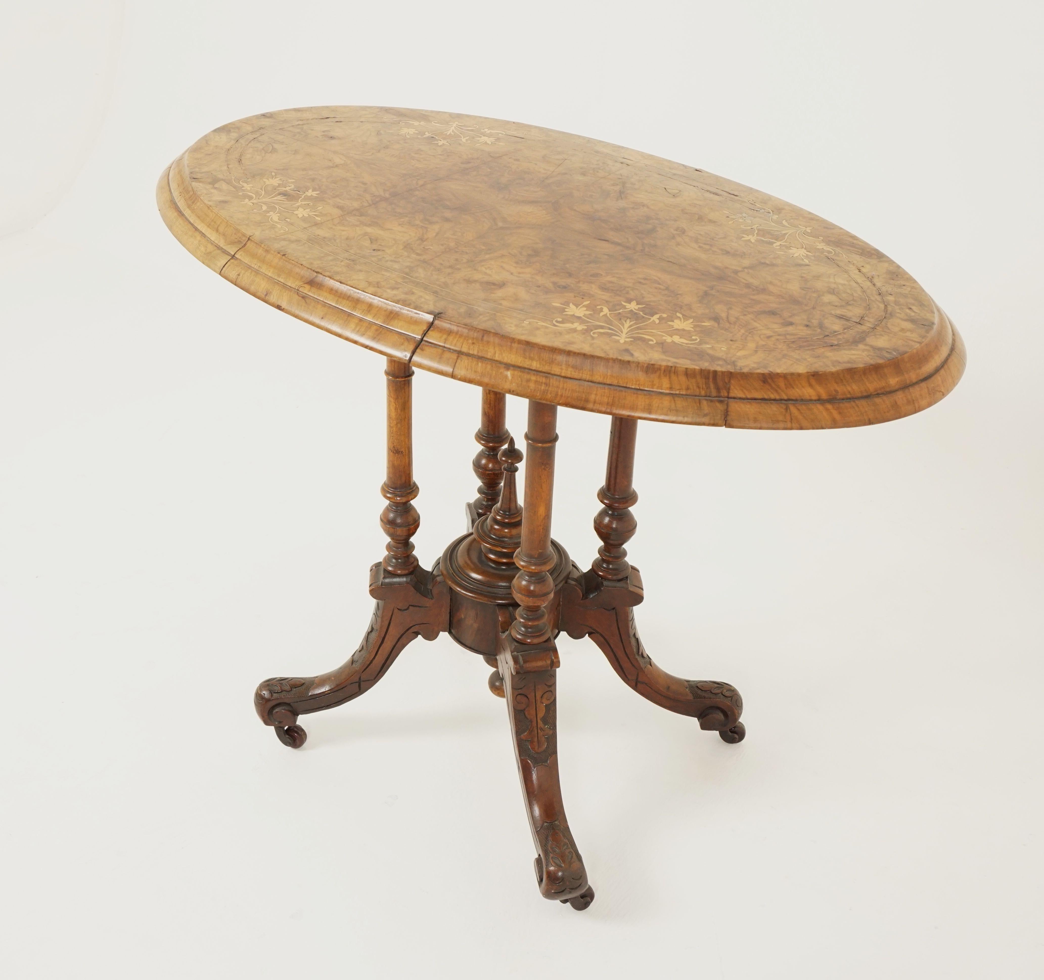 Antique Victorian table, walnut oval center table, Scotland 1870, H580

Scotland 1870
Solid walnut + veneers
Original finish
With walnut inlaid oval top
The base has four splendid turned columns supported by four shaped carved cabriole legs
With