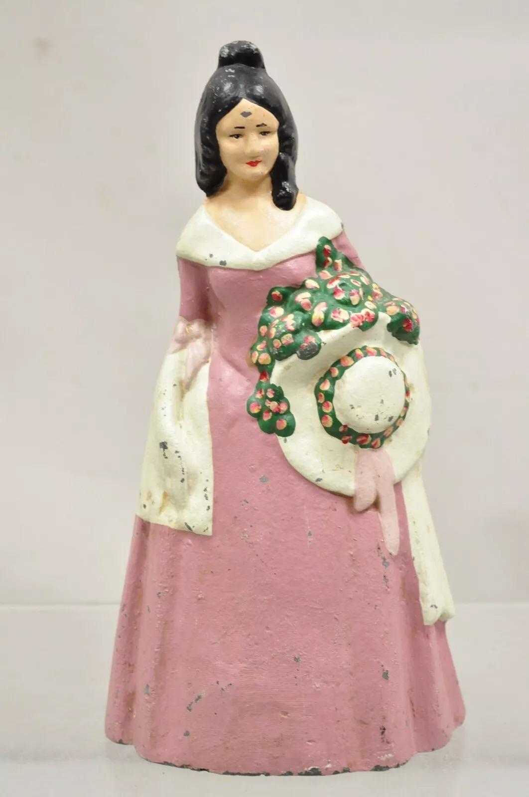 Antique Victorian Tall Cast Iron Painted Figural Woman Pink Dress Door Stop For Sale 6