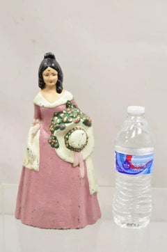 Antique Victorian Tall Cast Iron Painted Figural Woman Pink Dress Door Stop