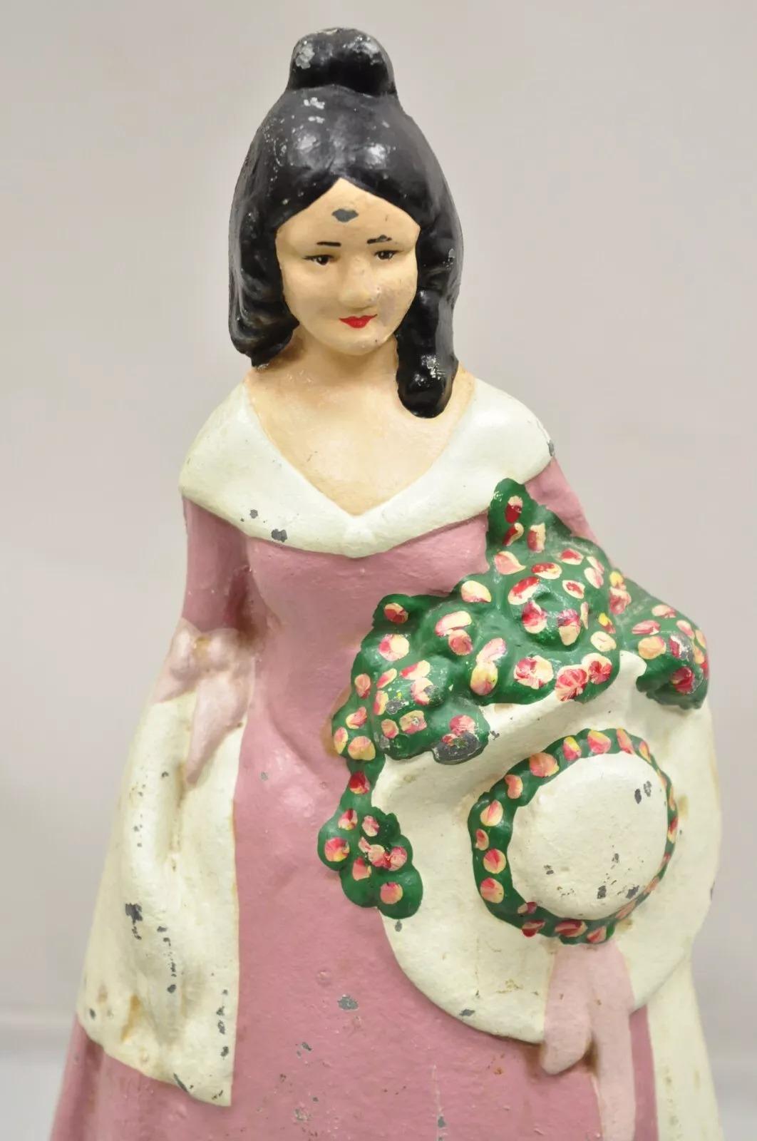 Antique Victorian Tall Cast Iron Painted Figural Woman Pink Dress Door Stop In Good Condition For Sale In Philadelphia, PA